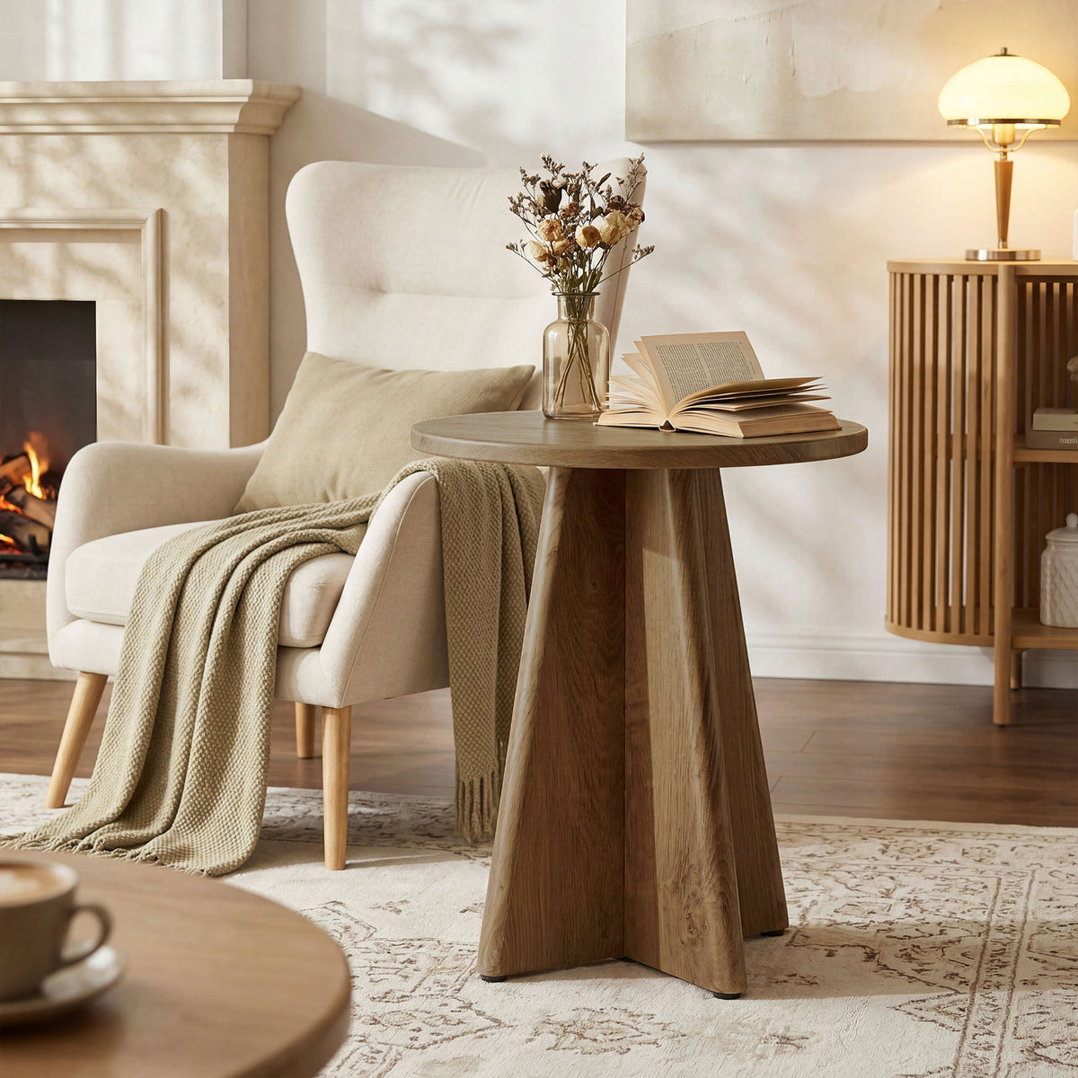 50 cm Tribesigns ronde bijzettafel met sculpturale kruispoot, moderne tafel in lichte houtlook voor woonkamer en slaapkamer