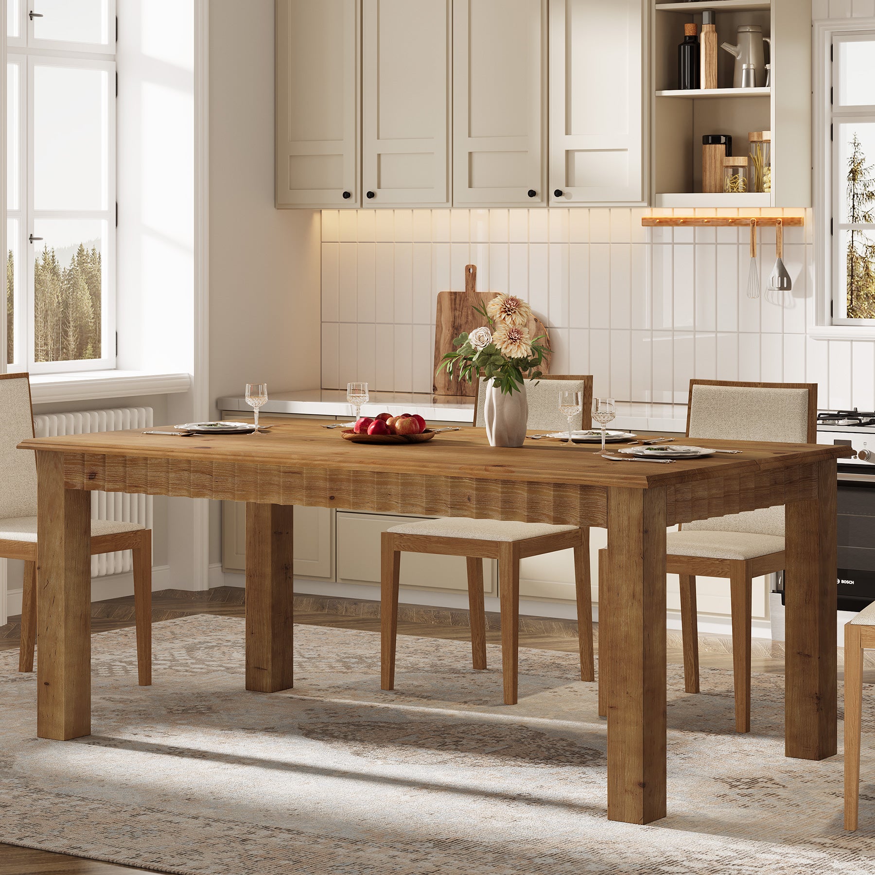 160 cm Rechthoekige Eettafel voor 6 Personen, Massief Houten Landelijke Tafel met Stevige Poten