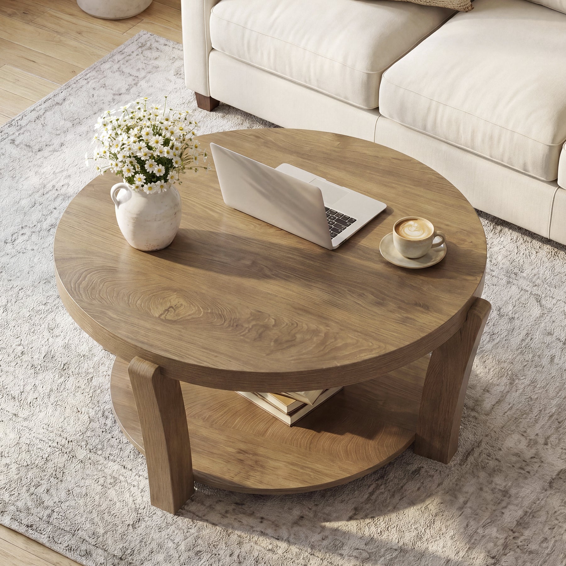 80 cm Tribesigns ronde salontafel met 2-laagse opbergruimte, houten koffietafel voor woonkamer