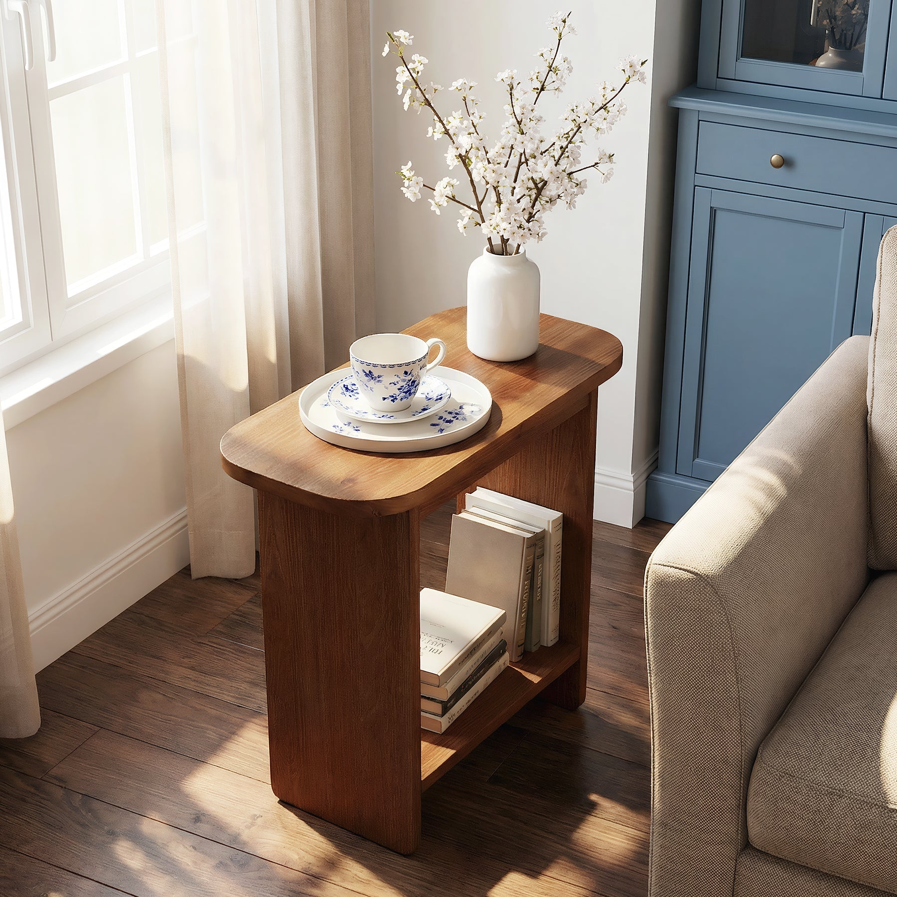 Massief houten bijzettafel, H-vormige 2-laagse bijzettafel met opbergplank