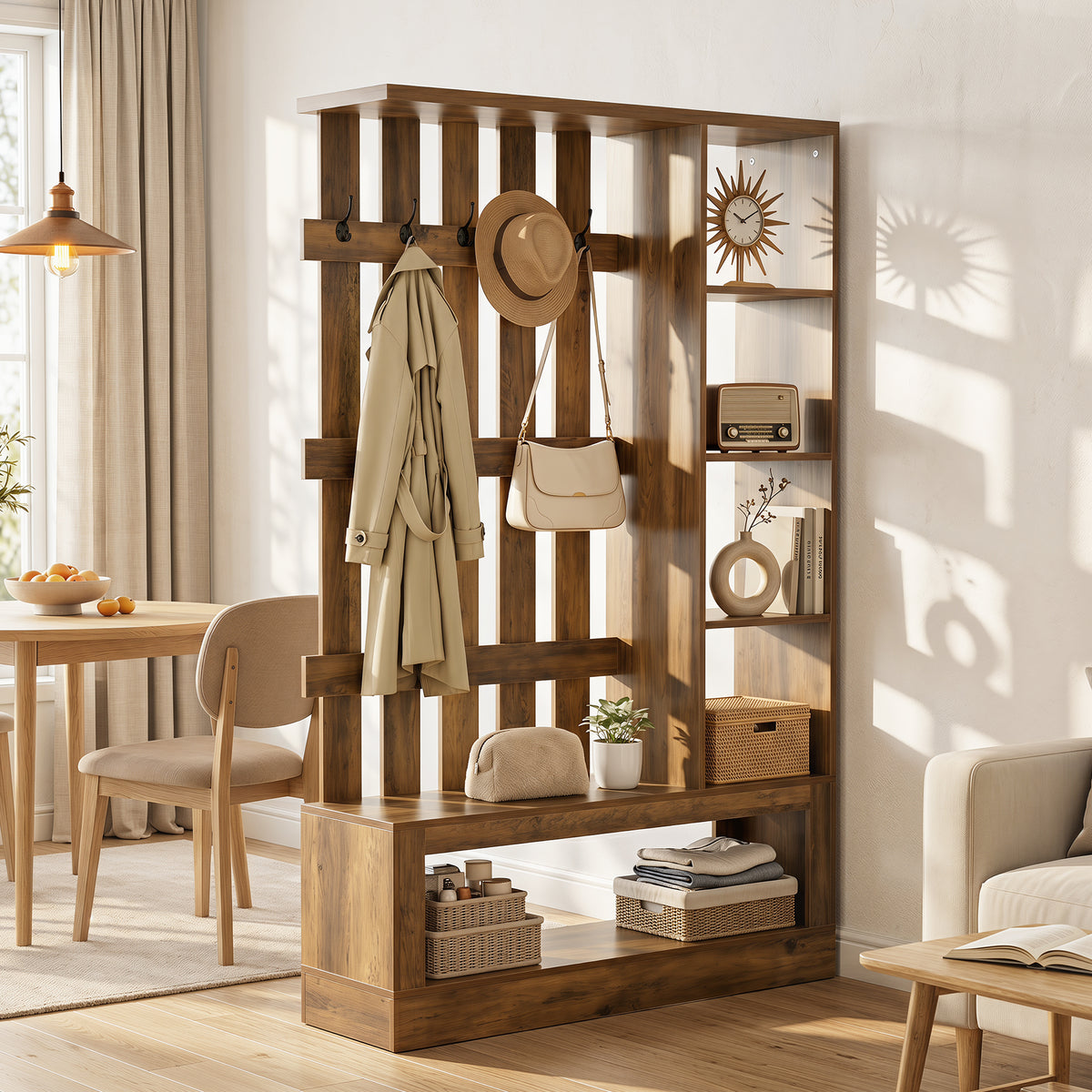 180 cm roomdivider met planken en kapstok, vrijstaande houten scheidingswand voor hal en woonruimte