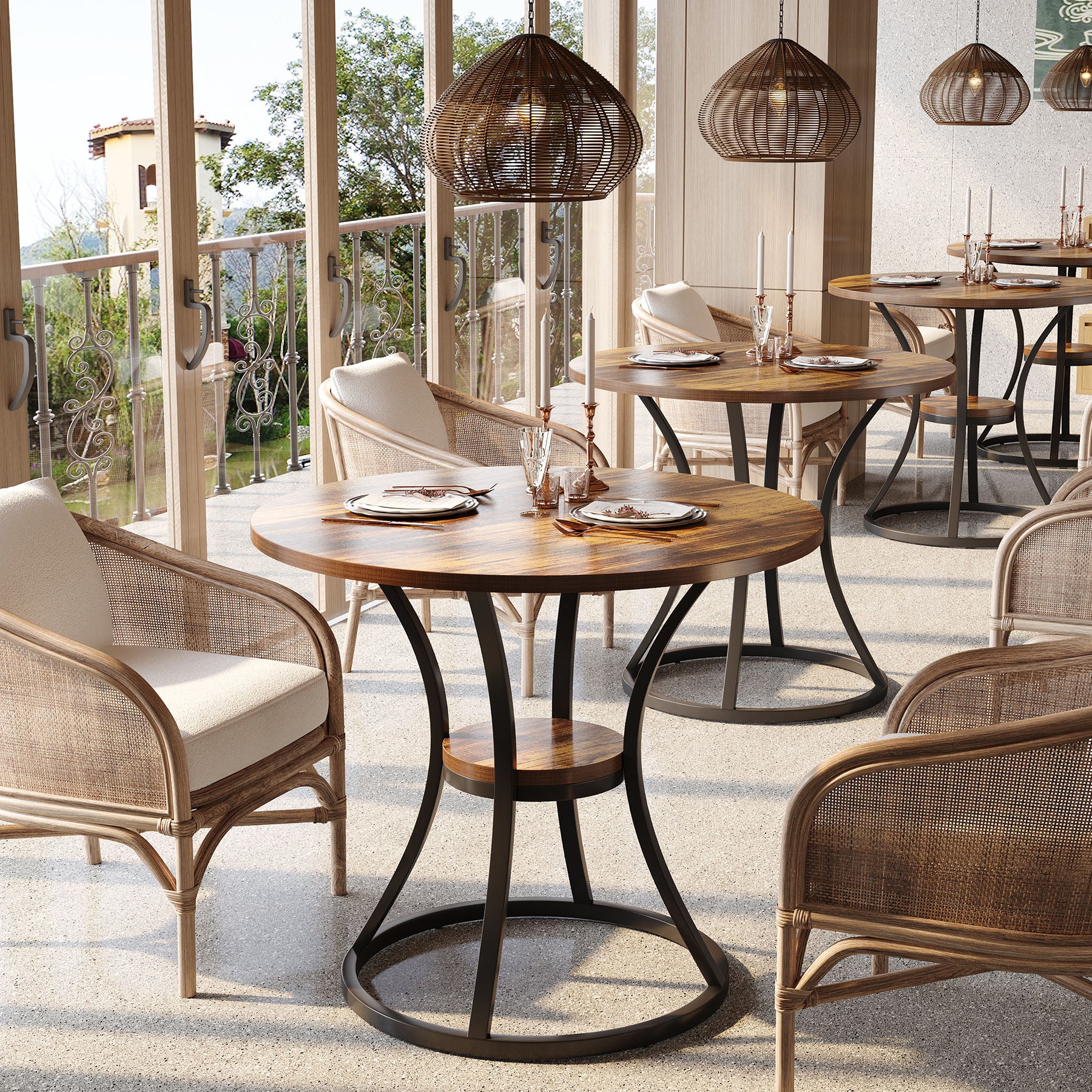 80 cm Ronde Eettafel met Metalen Voet en Opbergruimte, Kleine Keukentafel voor 2–4 Personen