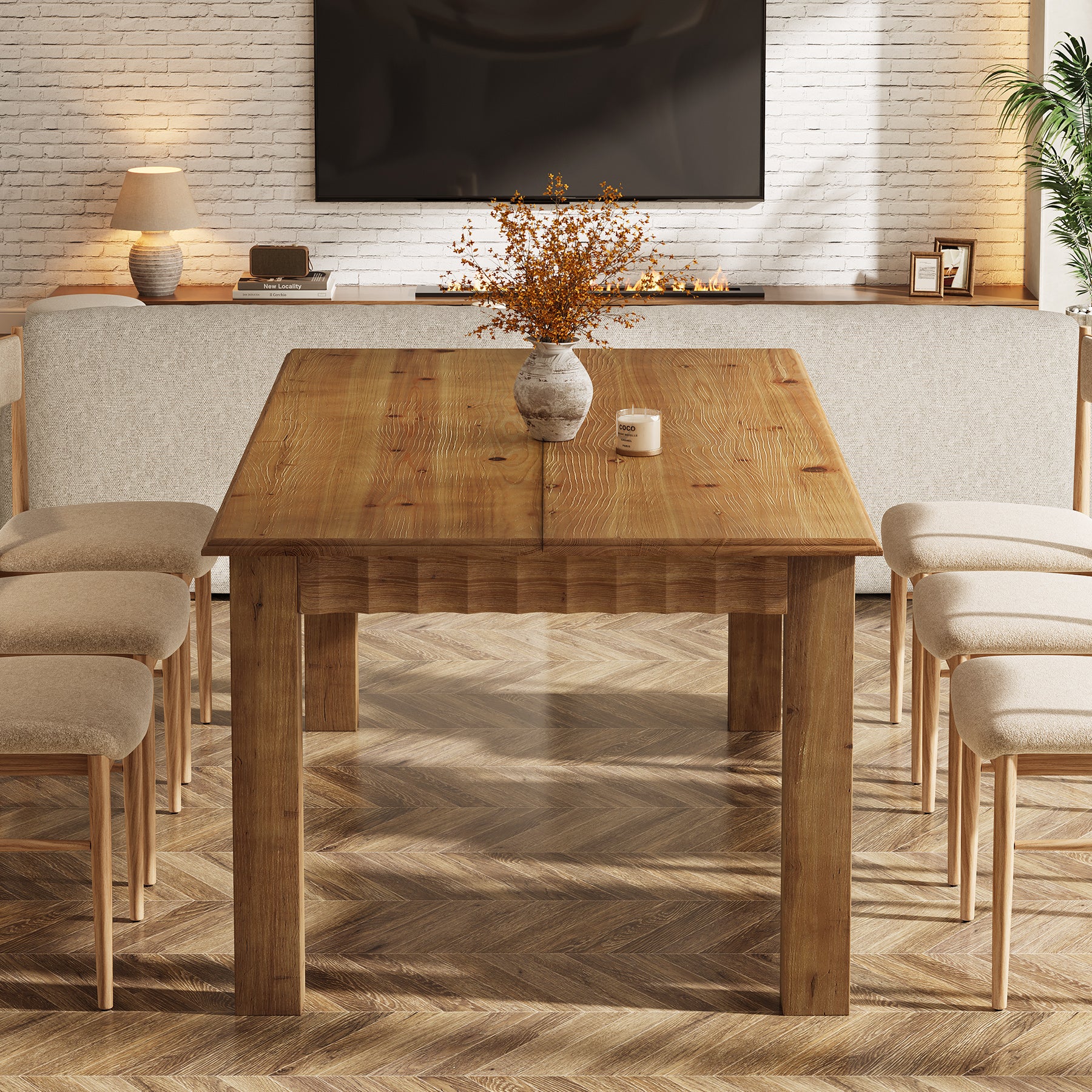160 cm Rechthoekige Eettafel voor 6 Personen, Massief Houten Landelijke Tafel met Stevige Poten