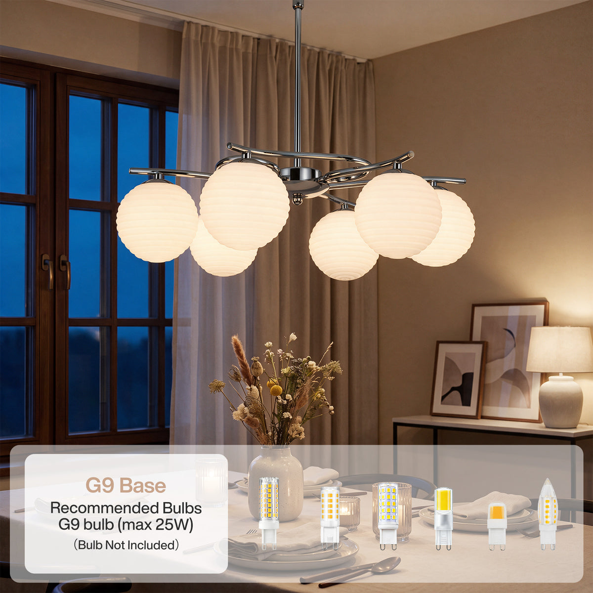 56 cm Tribesigns hanglamp met 6 glazen bollen, G9 plafondlamp voor eettafel en woonkamer