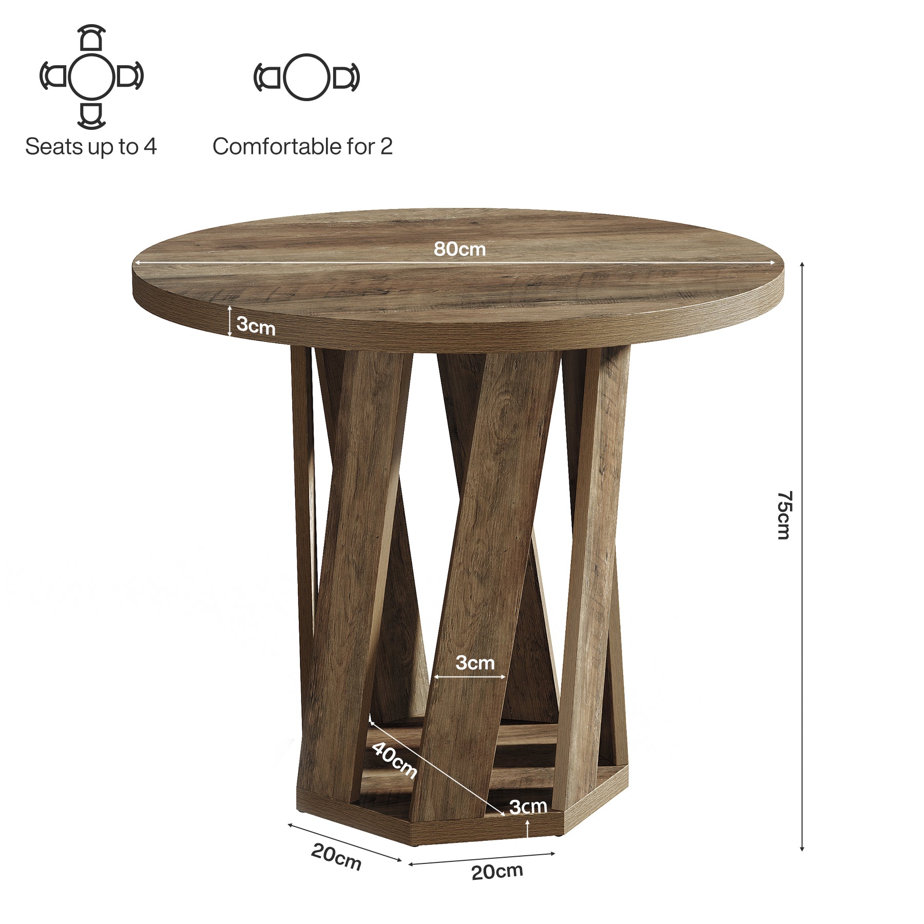 80 cm Ronde Eettafel Voor 2-4 Personen, Landelijke Houten Keukentafel in Rustic Bruin