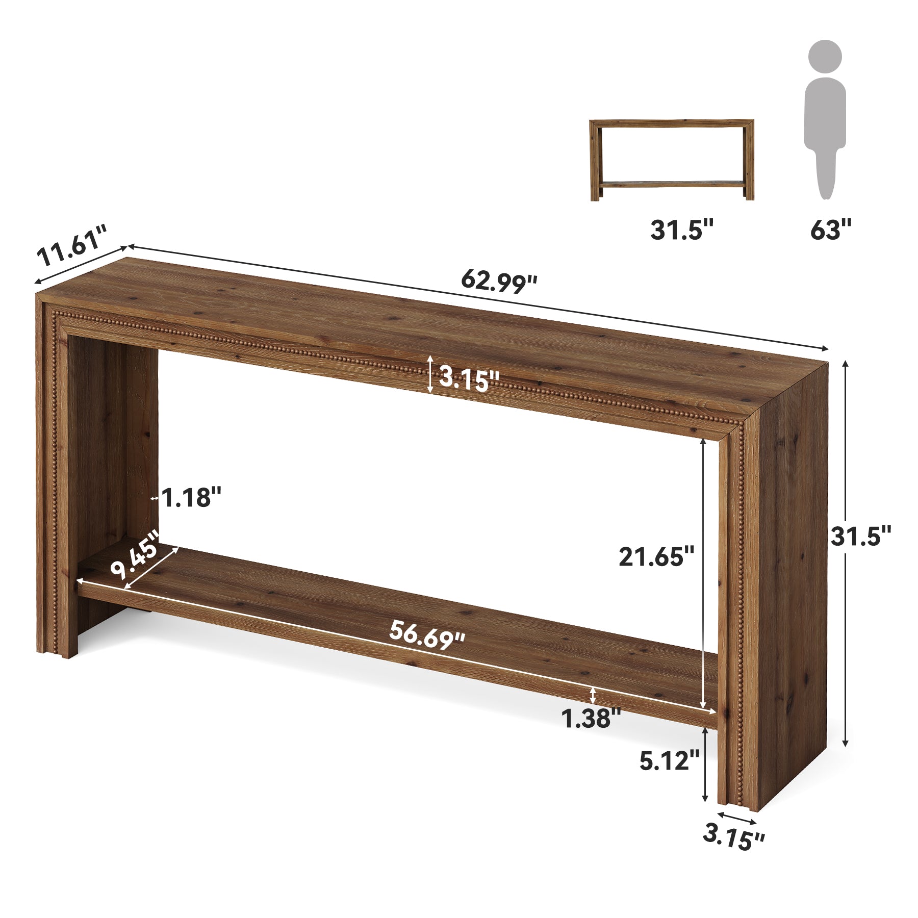 Tribesigns 160 cm massief houten consoletafel met 2-laagse opbergplank, smalle haltafel voor woonkamer gang en entree