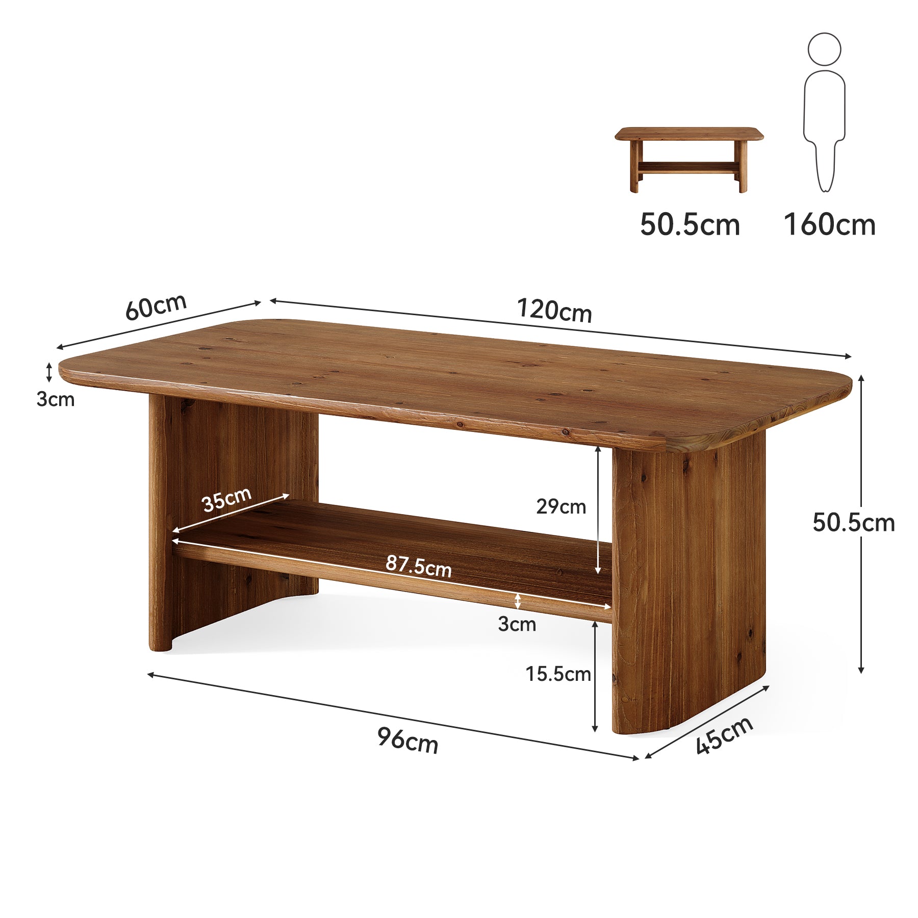 120 cm Massief Houten Salontafel voor Woonkamer, Rustieke Rechthoekige 2-Lagen Centertafel, Bruin