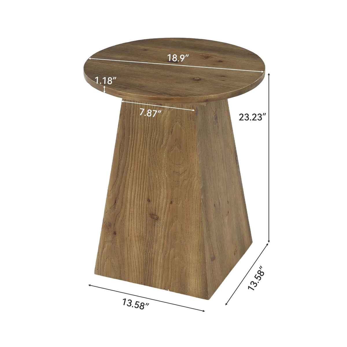 48 x 60 cm ronde bijzettafel van massief hout met geometrische trapeziumbasis, vintage houten sidetable