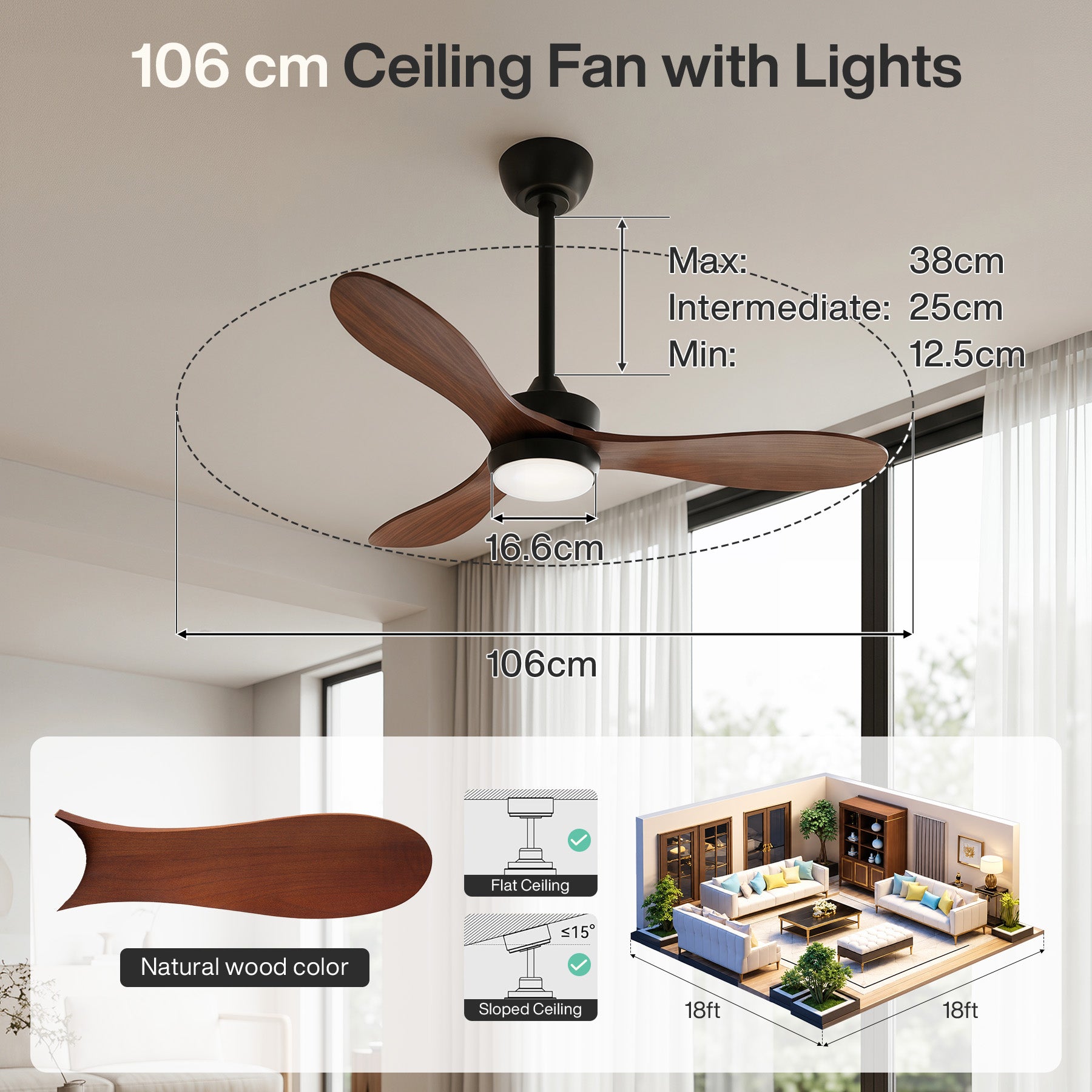 106 cm Tribesigns moderne plafondventilator met licht en afstandsbediening, 3-bladige ventilatorlamp met dimbare ledverlichting voor woonkamer terras en veranda