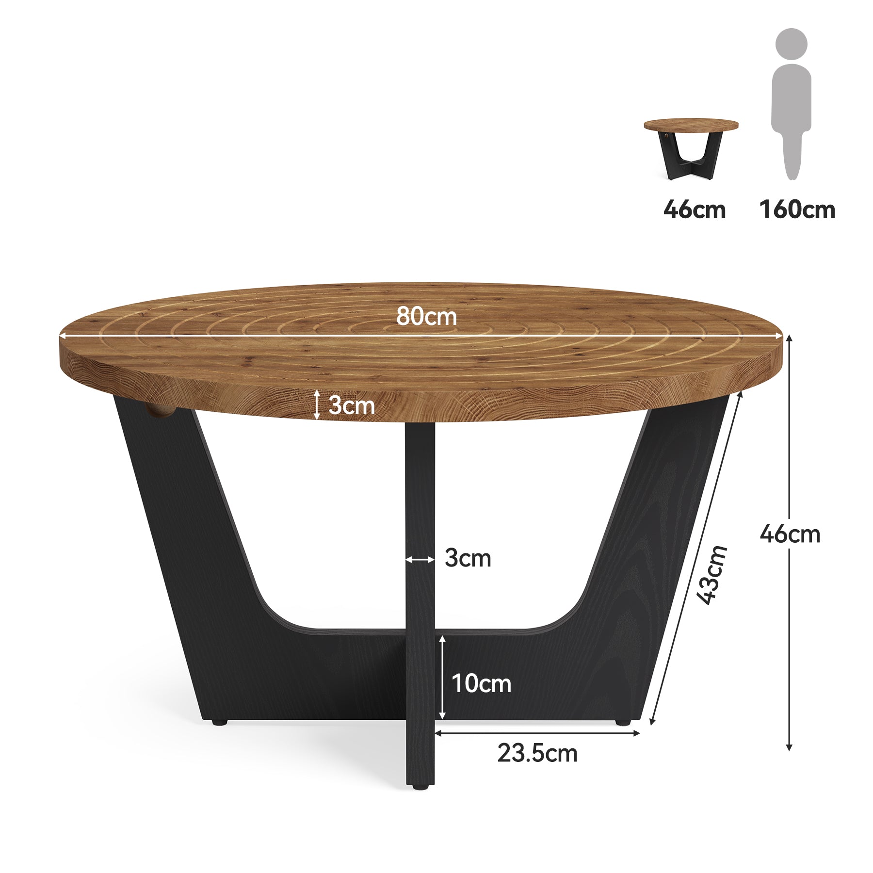 80 cm Ronde Massief Houten Salontafel, Landelijke Stijl met Ringgroef in Bruin en Zwart