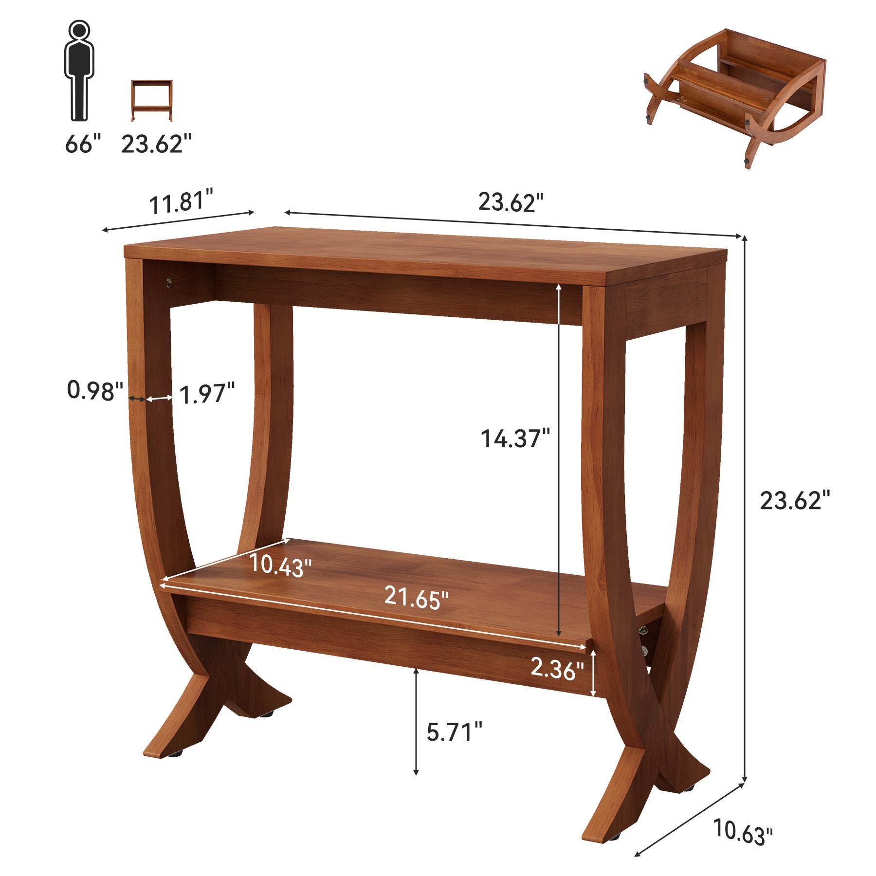 60 cm Tribesigns banktafel van massief hout met gebogen poten, smalle bijzettafel voor woonkamer