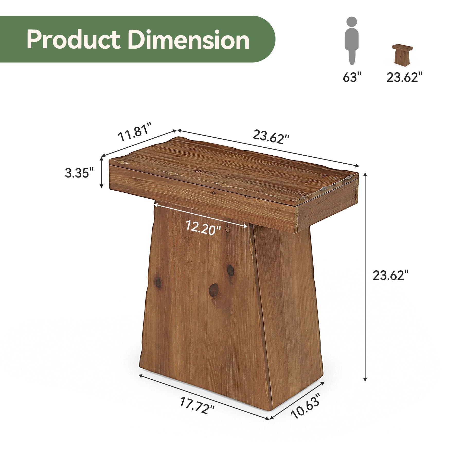 Tribesigns bijzettafel van massief hout 60 cm, houten tafel met trapeziumvormige voet