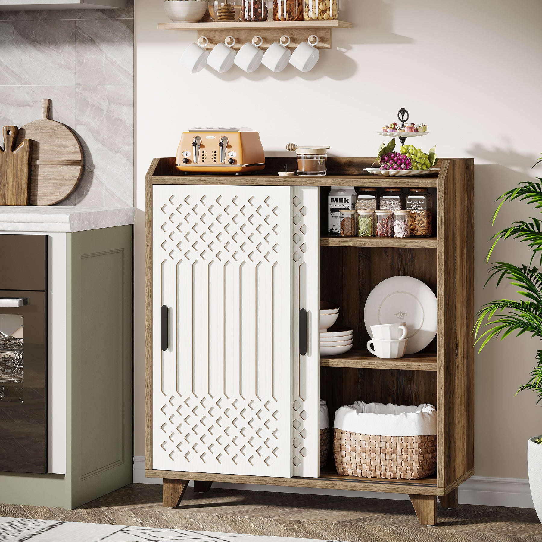 90 cm Keukenkast, Landelijke Buffet met Schuifdeuren en Geometrisch Patroon