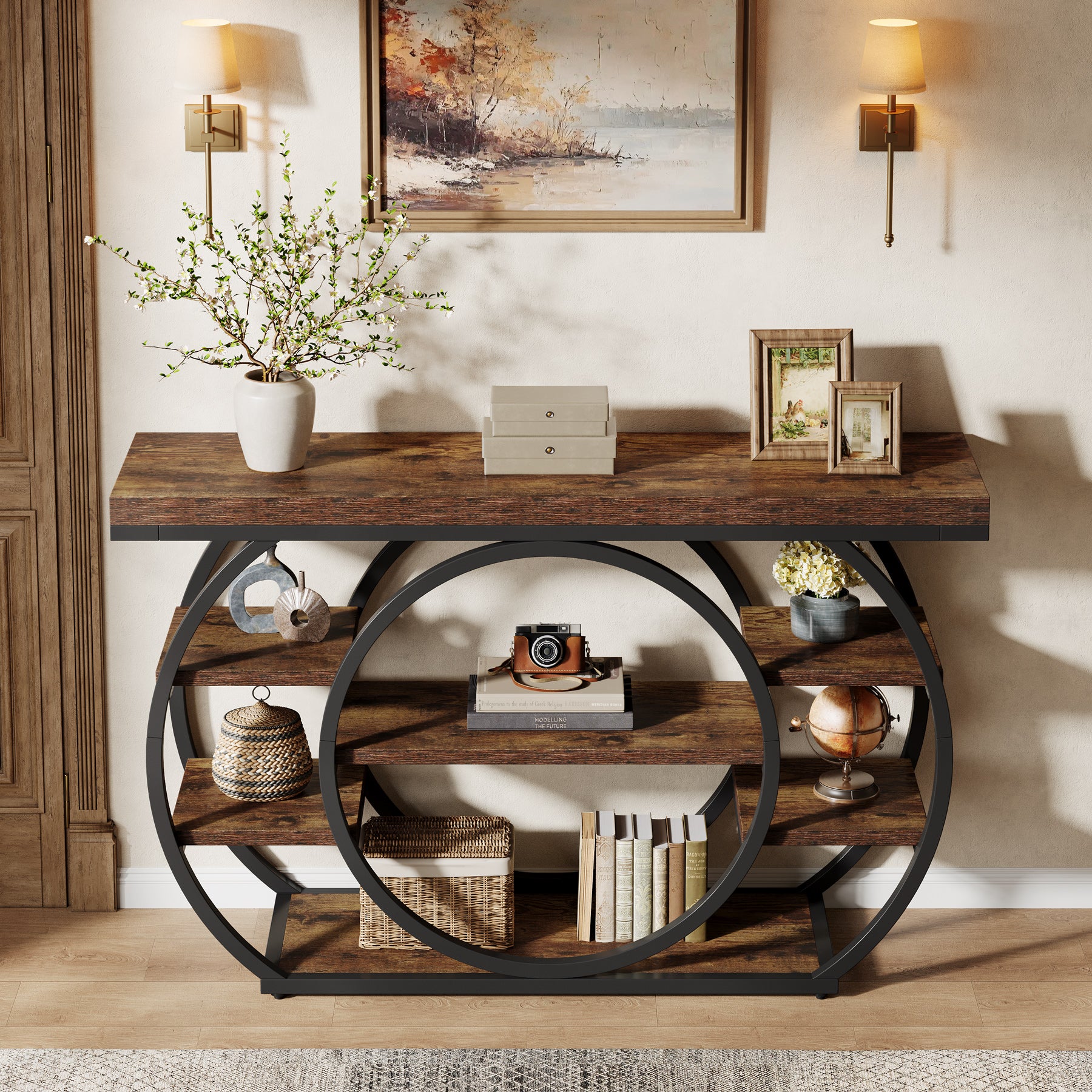 Consoletafel van 120 cm met 5 Lagen in Industrieel Design, Smalle Banktafel voor Woonkamer en Hal in Rustiek Bruin