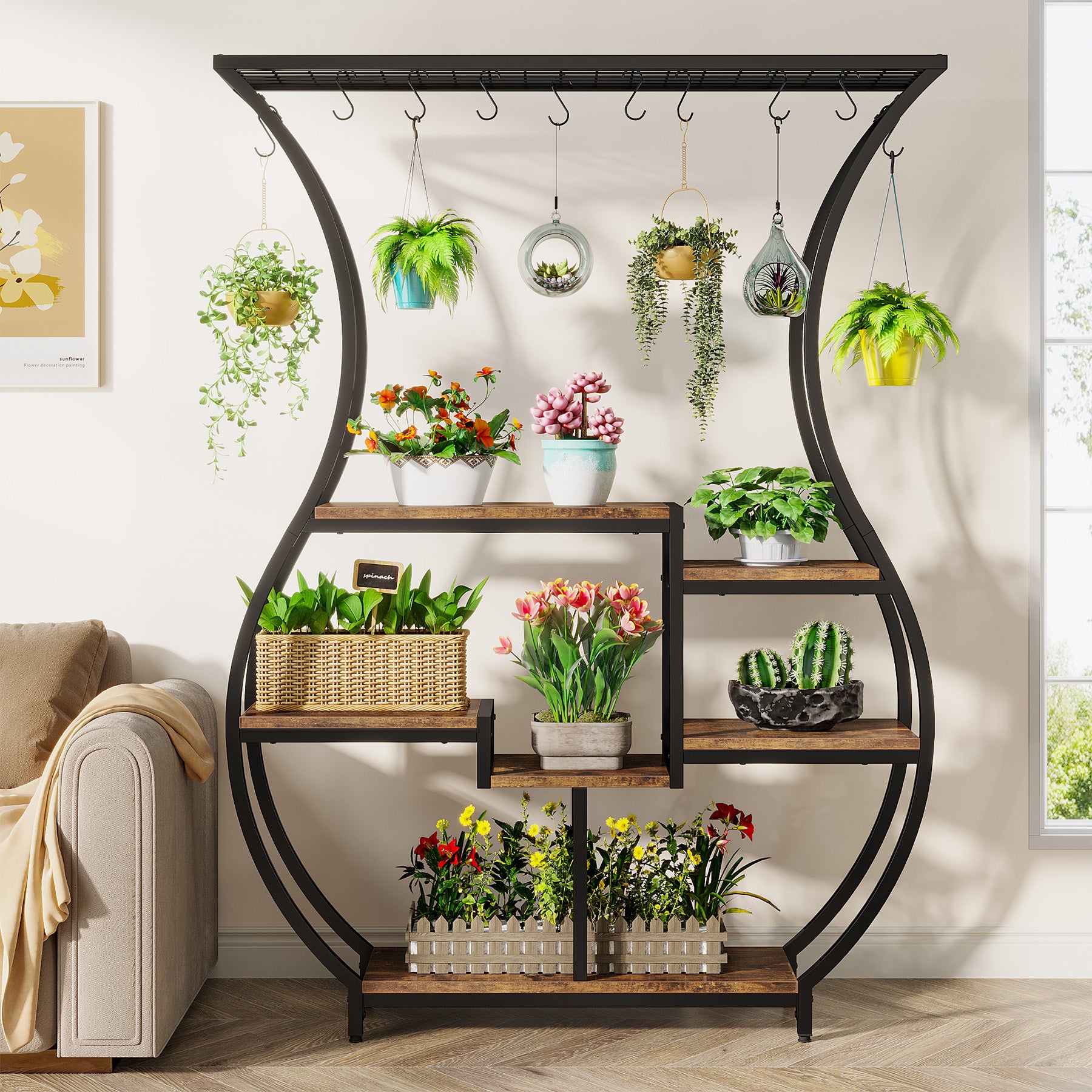 180 cm Tribesigns Plantenrek, 6-Tier Metaal Rek met 10 Haken voor Binnen