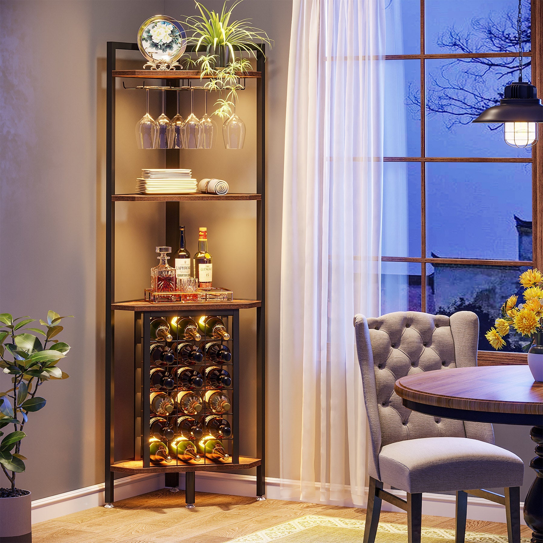 60 cm Hoekwijnrek, Industrieel Vloermeubel met Vier Planken en Glasopberging