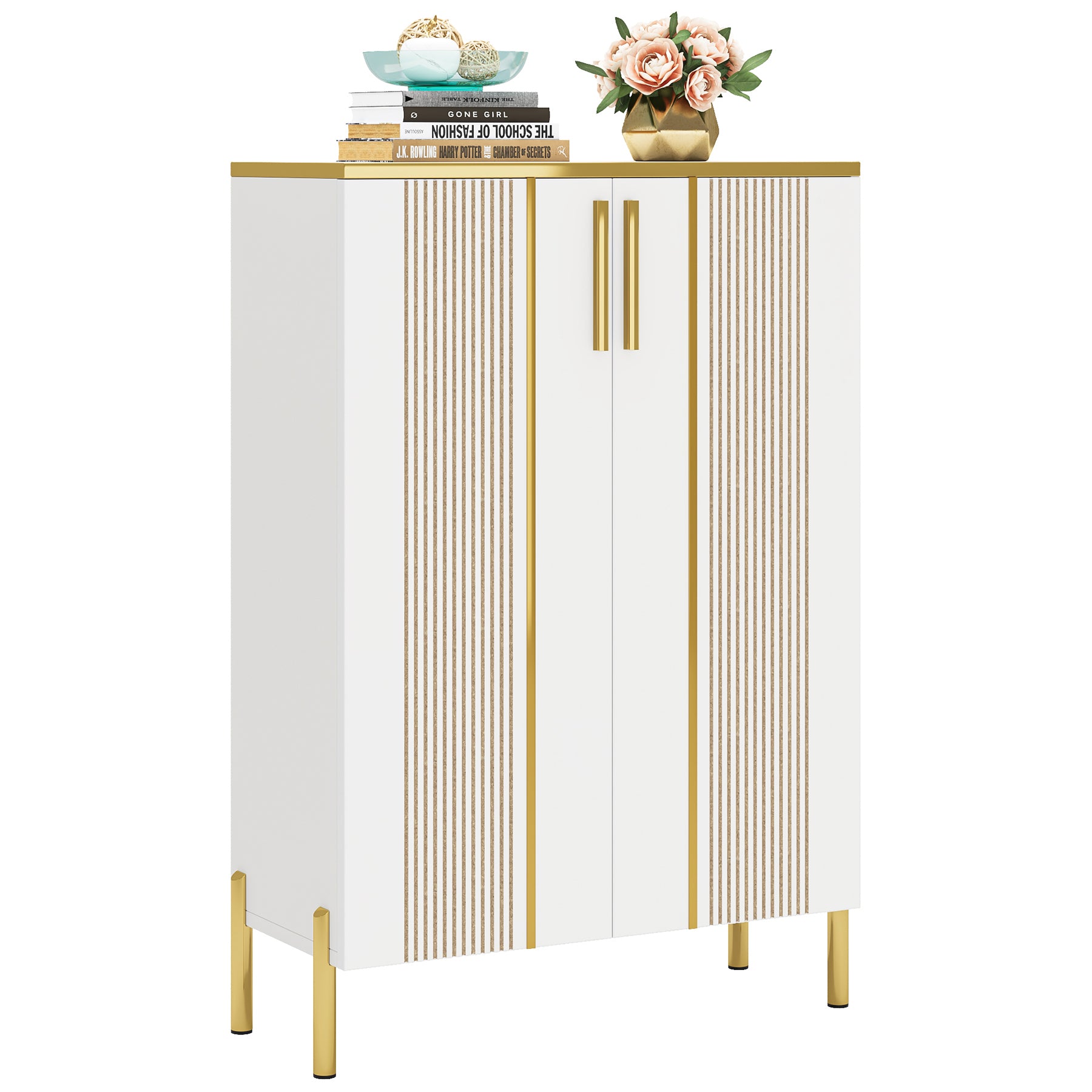 120 cm Hoge Schoenenkast, Witte Opbergmeubel met Zes Planken en Gouden Accenten