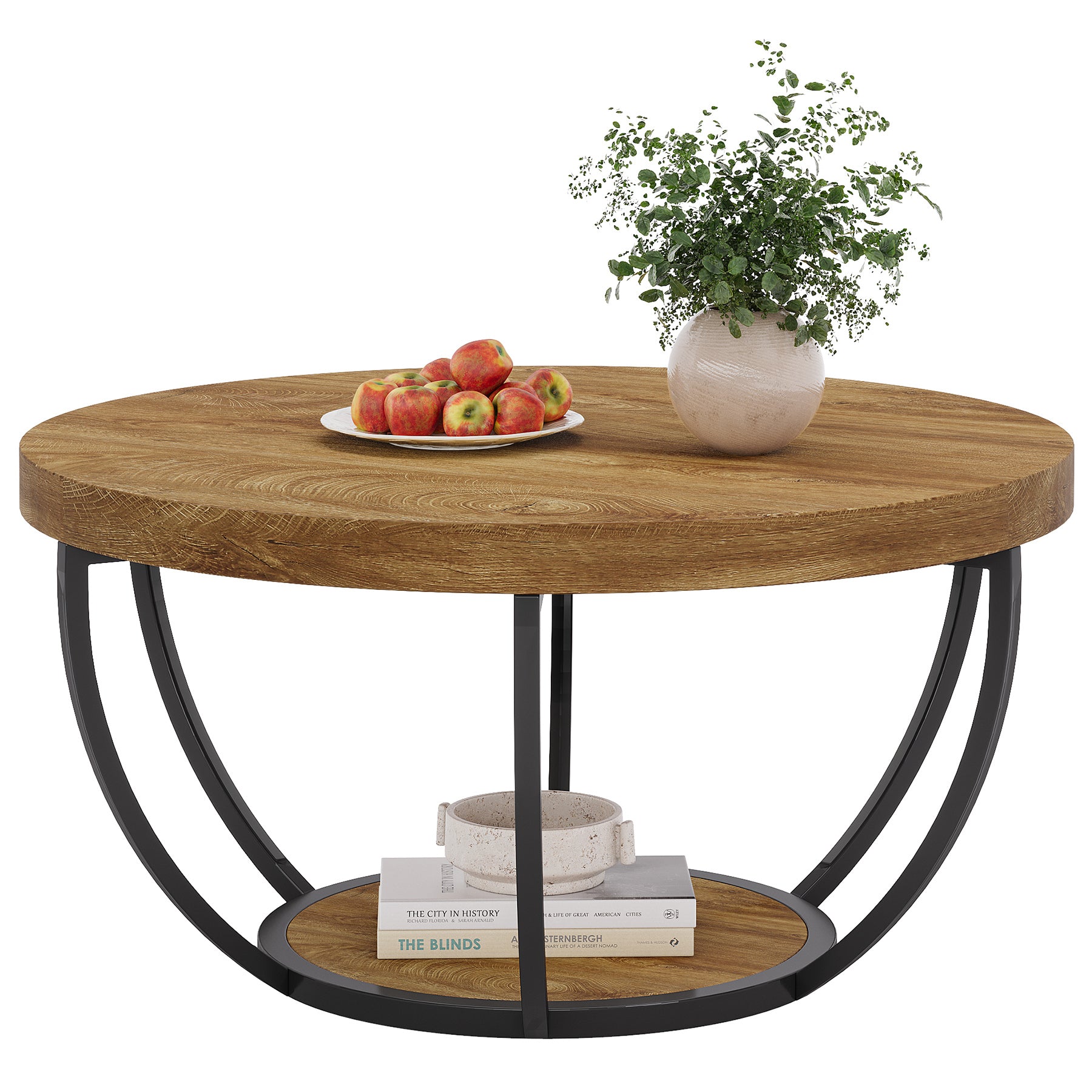 80,5 cm Ronde Industriële Salontafel, Tweelaags Middentafel in Rustiek Bruin en Zwart