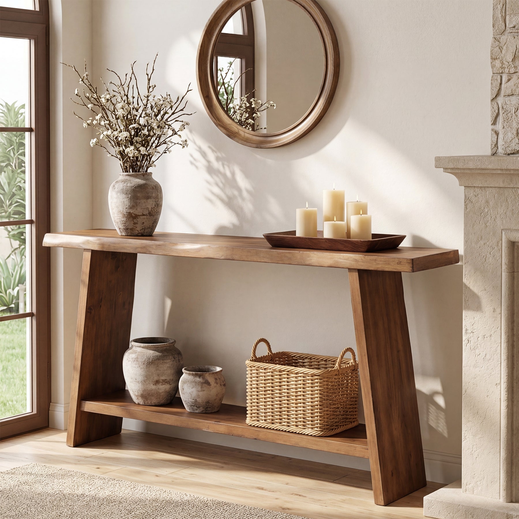 160 cm Massief Houten Consoletafel, 2-Laagse Sidetable voor Hal