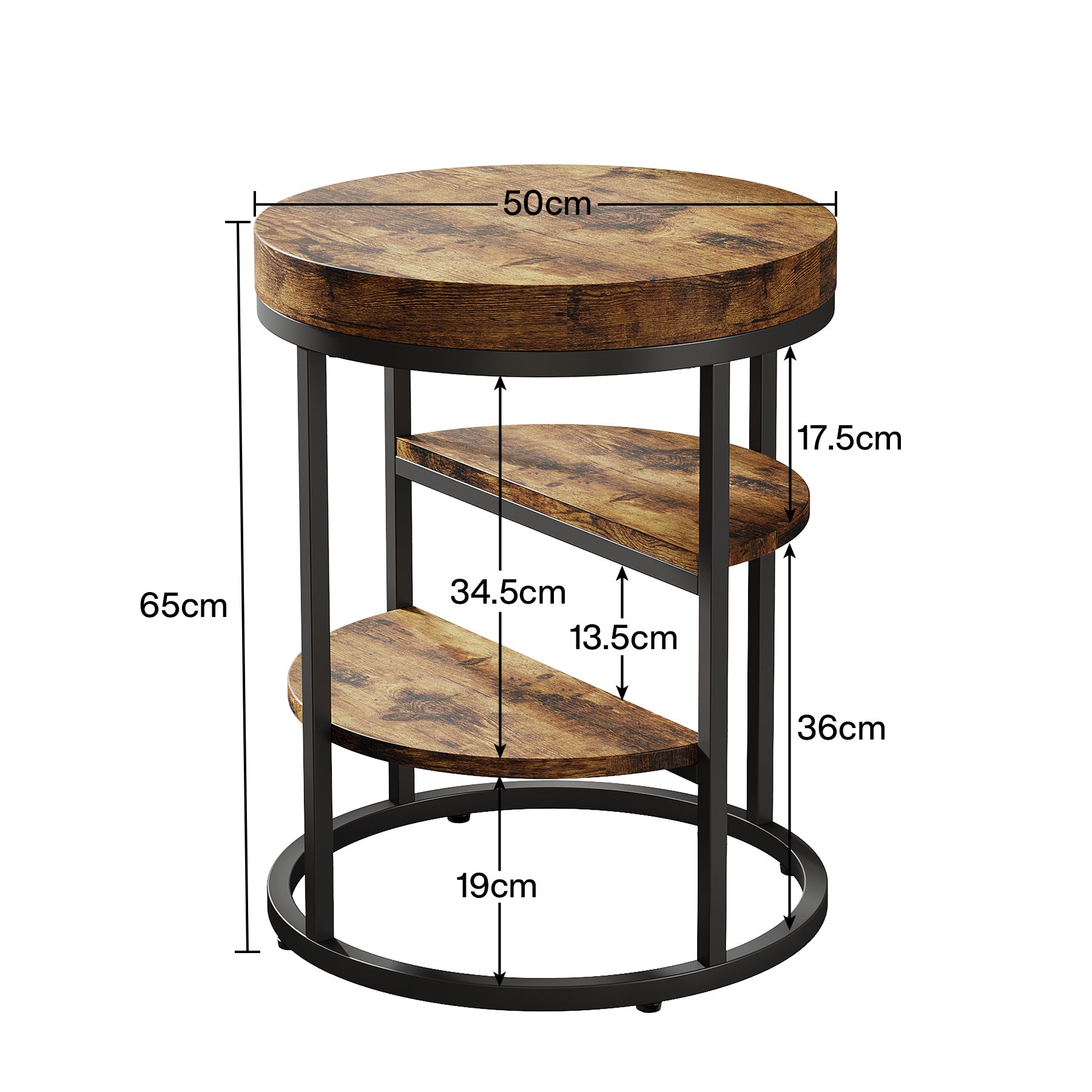50 cm Ronde Bijzettafel met 3 Opbergplanken, Industriële Sofa- en Nachtkasttafel in Rustiek Bruin