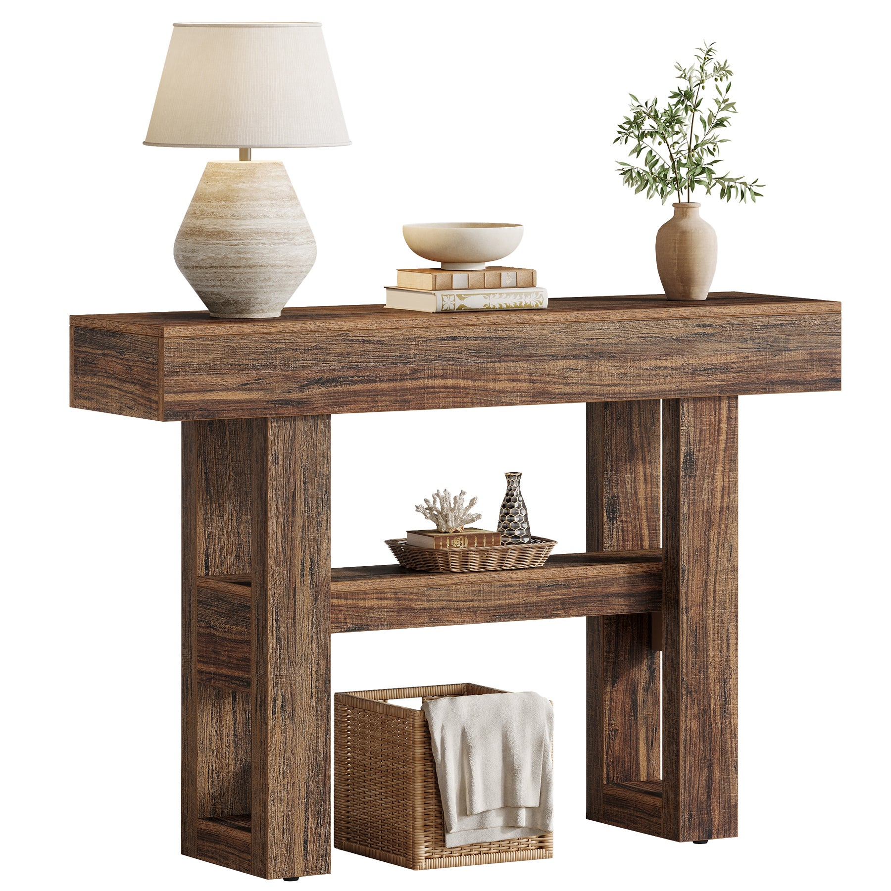 105 cm Smalle Consoletafel met 2 Niveaus, Rustieke Entreetafel voor Hal en Woonkamer