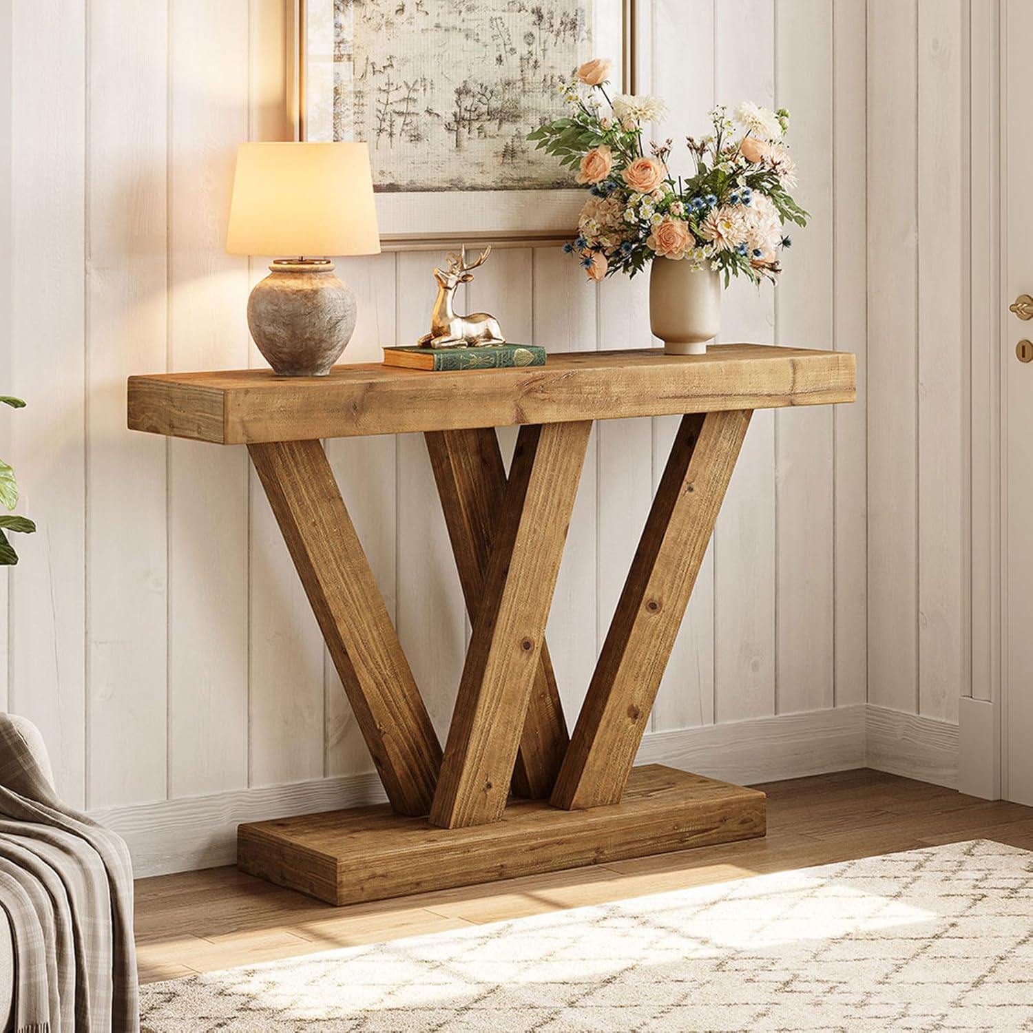 119 cm Massief Houten Salontafel, Smalle Vintage Banktafel voor Hal