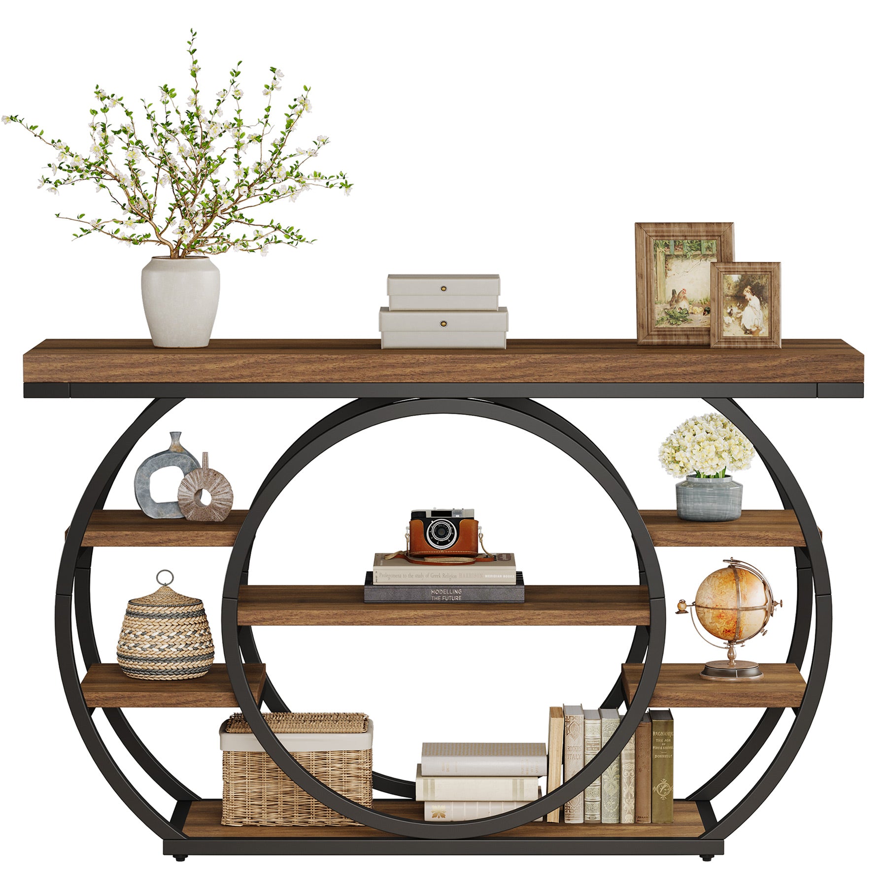 Consoletafel van 120 cm met 5 Lagen in Industrieel Design, Smalle Banktafel voor Woonkamer en Hal in Rustiek Bruin