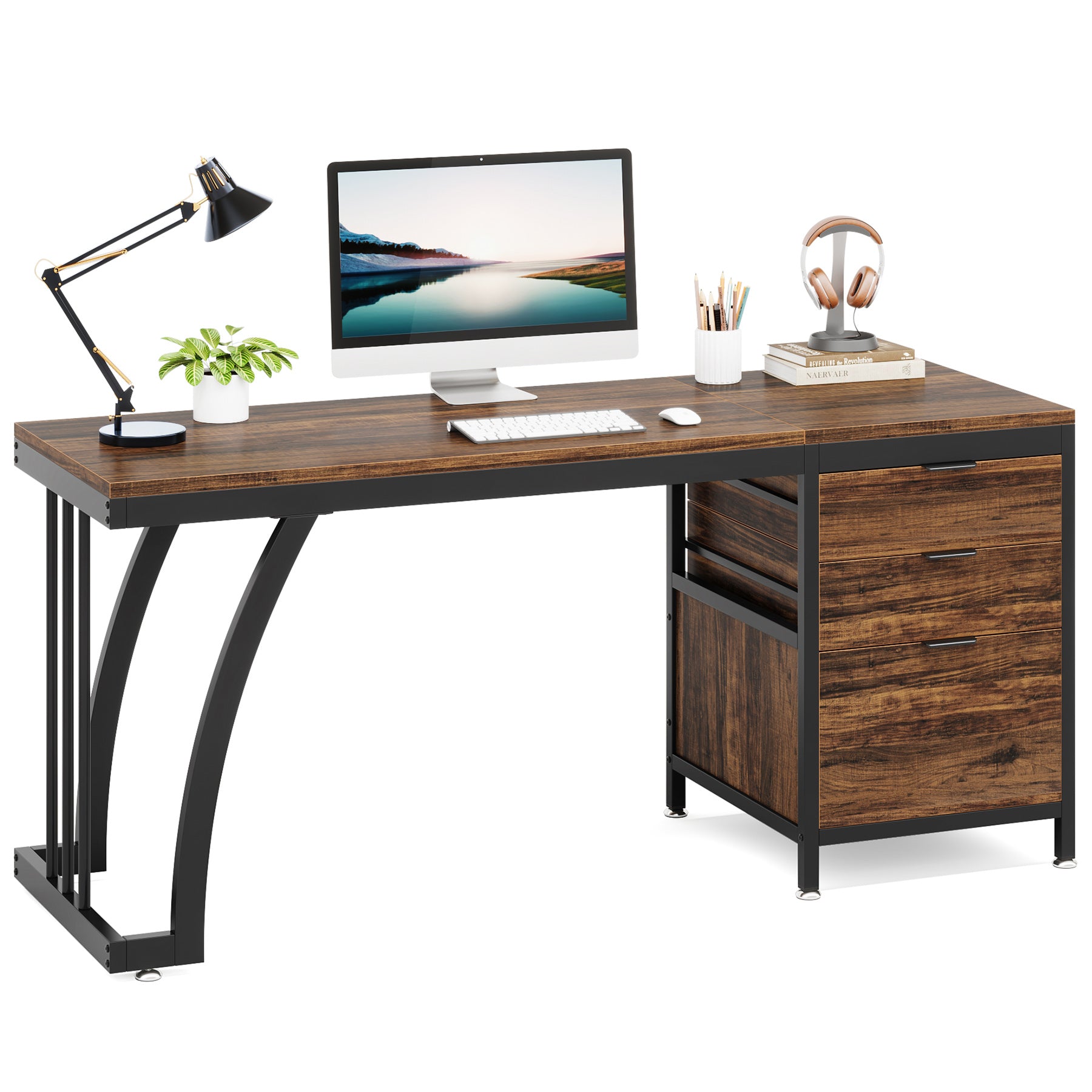 150 cm Computertafel, Industrieel Bureau Met 3 Ombouwbare Laden in Rustiek Bruin