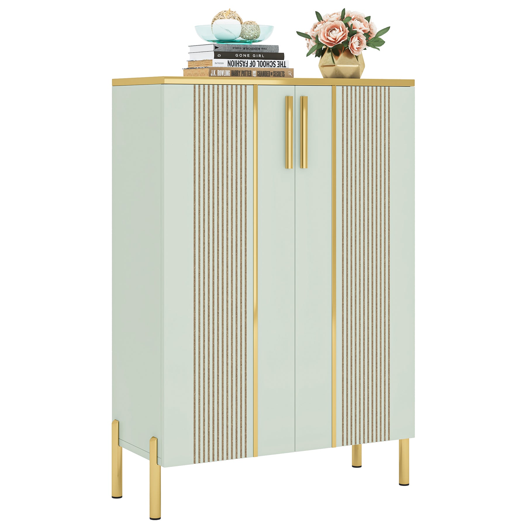 120 cm Hoge Schoenenkast, Witte Opbergmeubel met Zes Planken en Gouden Accenten