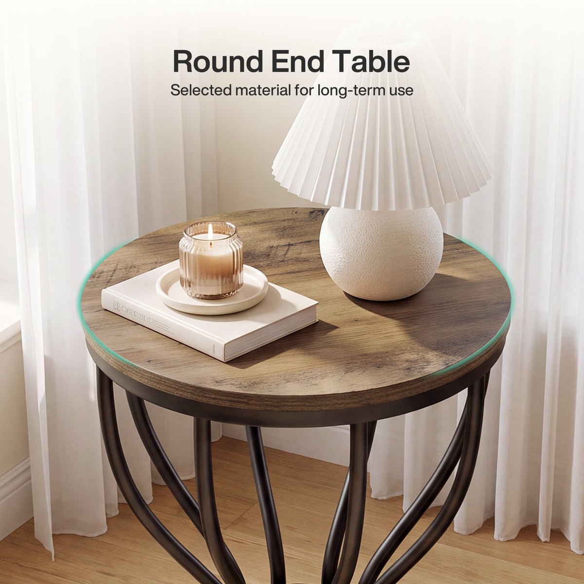 Tribesigns 50 cm ronde bijzettafel, industrieel ontwerp met houten blad en zwart frame voor woonkamer en slaapkamer