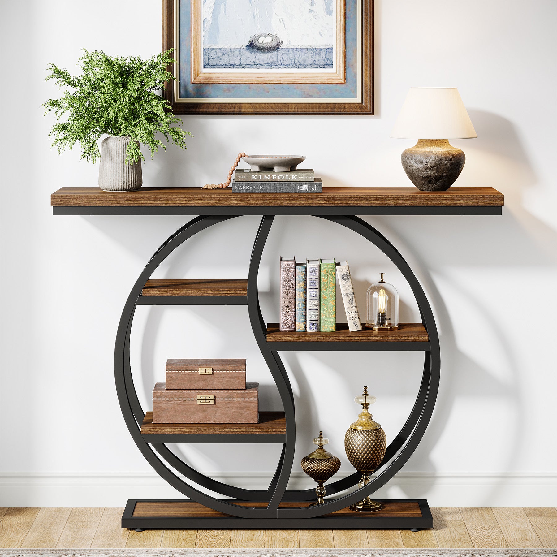 Consoletafel van 120 cm met 5 Lagen in Rustiek Bruin, Smalle Industriële Houten Hal- en Banktafel met Metalen Frame