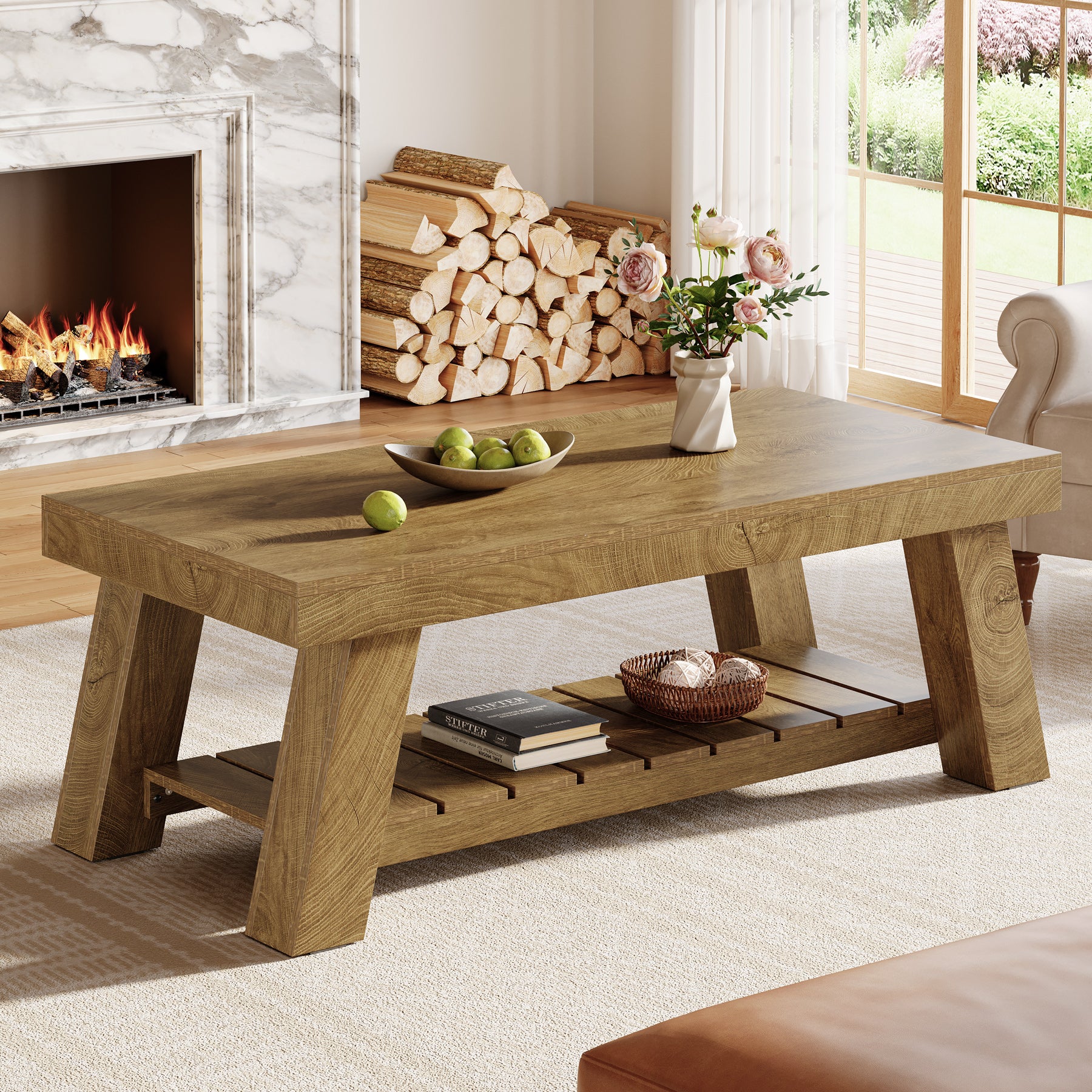 120 cm Rechthoekige Salontafel Boerderij Stijl, Met 2 Opbergplanken voor Woonkamer en Appartement