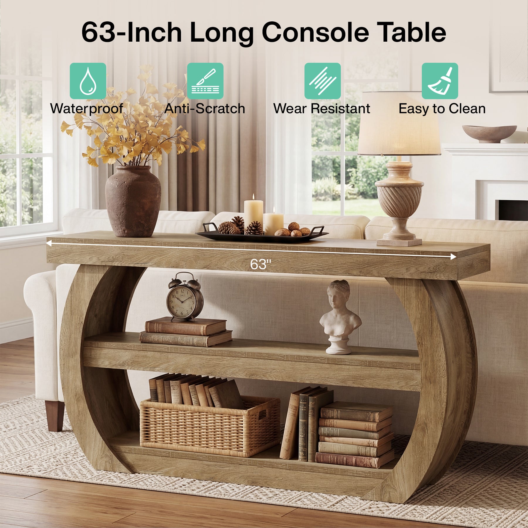 160 cm Landelijke Consoletafel met 3 Niveaus Opbergrekken, Houten Entreetafel voor Hal Woonkamer Achter Bank