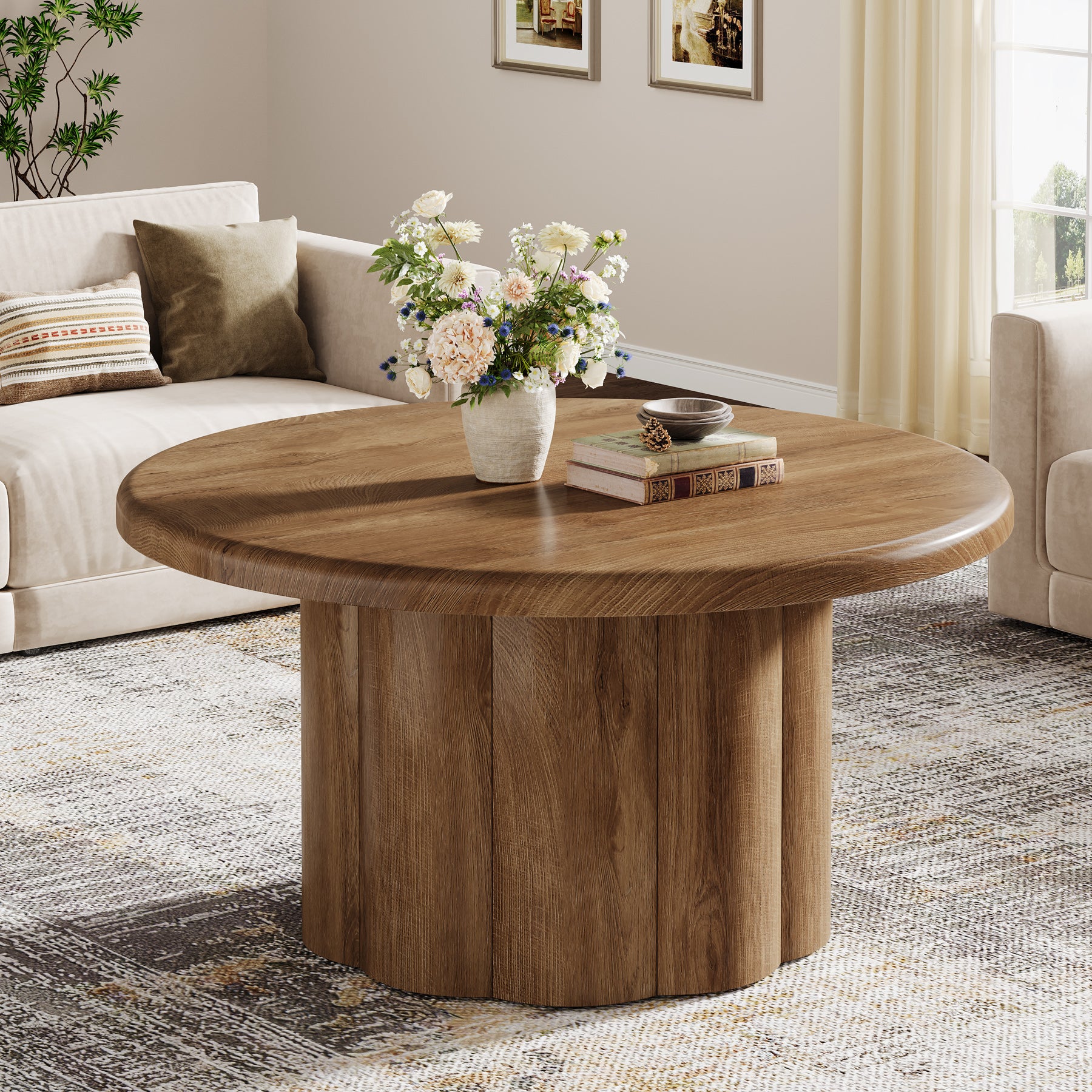 80 cm Ronde Landelijke Salontafel, Gegroefde Trommelvoet voor Woonkamer en Appartement
