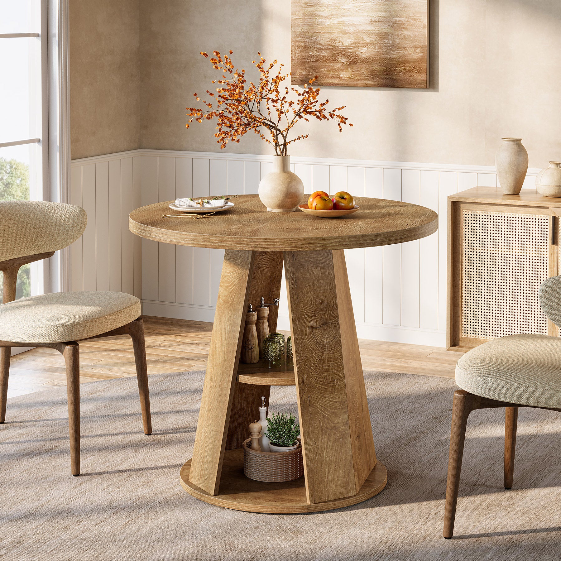80 cm Ronde Eettafel voor 2-4 Personen, Kleine Boerenkeuken Tafel met 2-Tier Opberplank