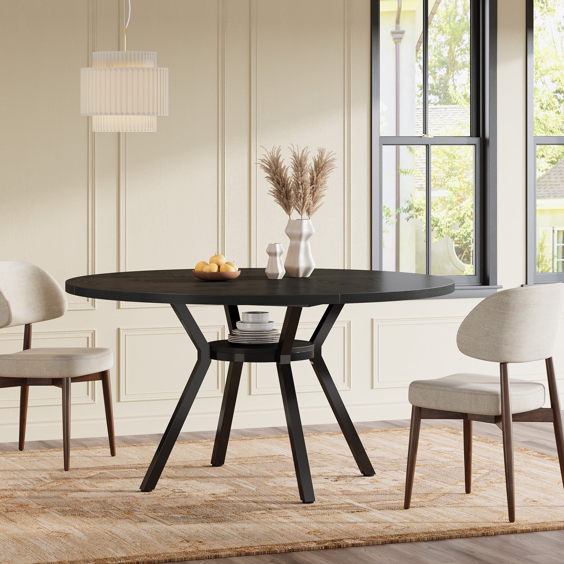 Ronde eettafel voor 4 personen, 120 cm met metalen frame en opbergvak in bruin