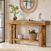 Tribesigns massief houten consoletafel 160 cm, smalle haltafel in landelijke stijl met 2 opbergplanken 3