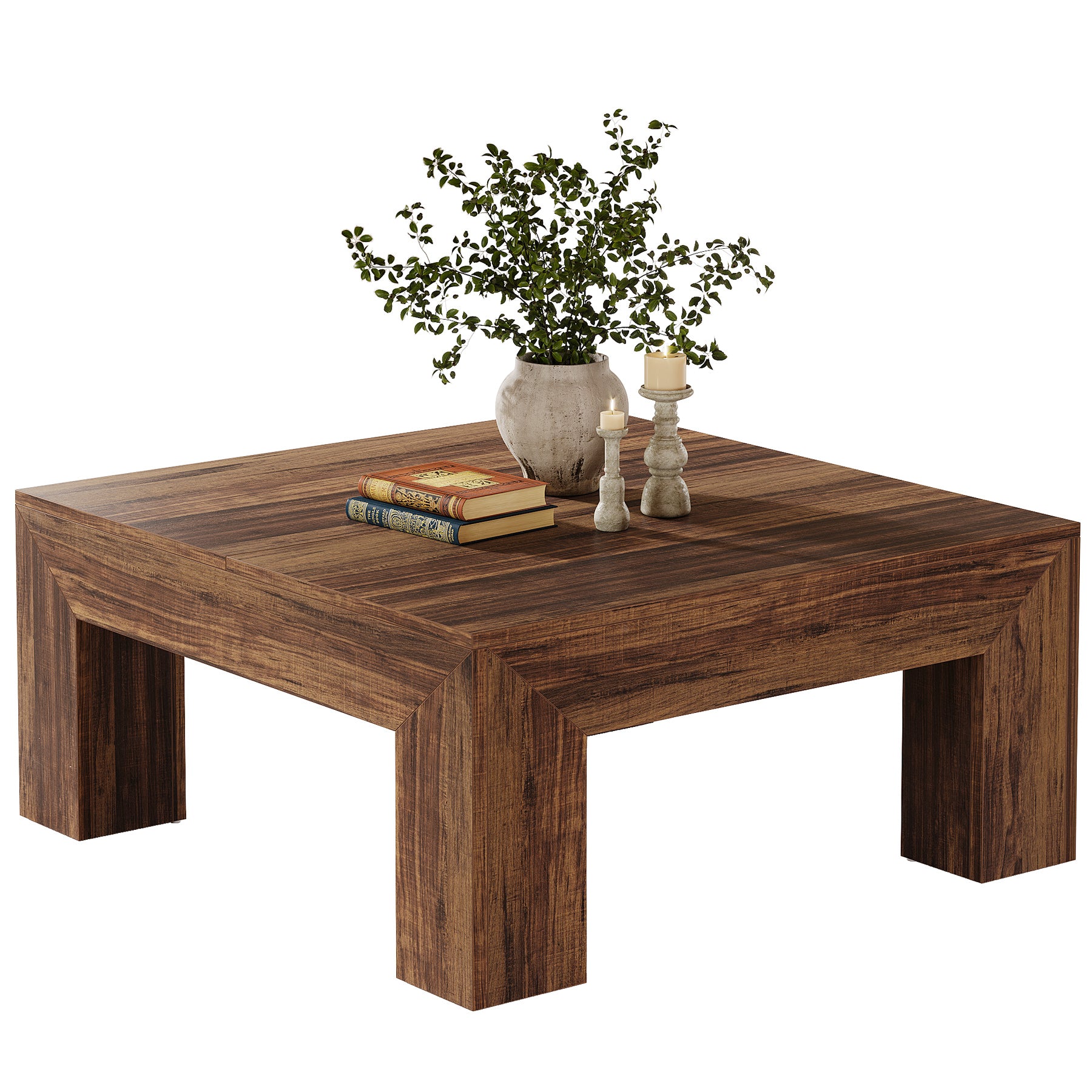 Vierkante Salontafel van 100 cm in Landelijke Stijl, Lage Stevige Centertafel voor Woonkamer in Rustiek Bruin