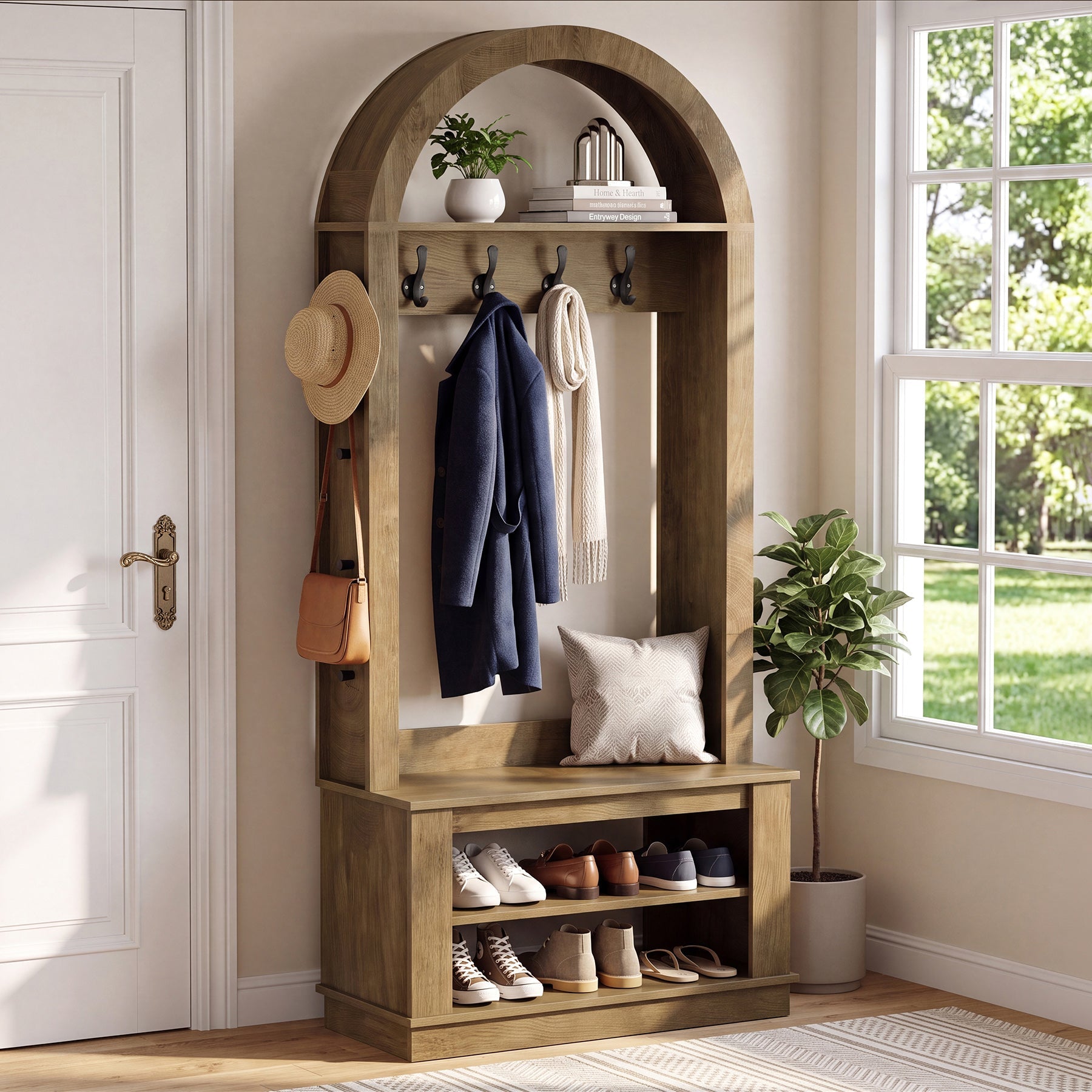 Tribesigns halgarderobe met zitbank en schoenenrek, 5-in-1 kapstok met 12 haken, wandplank en schoenenrek