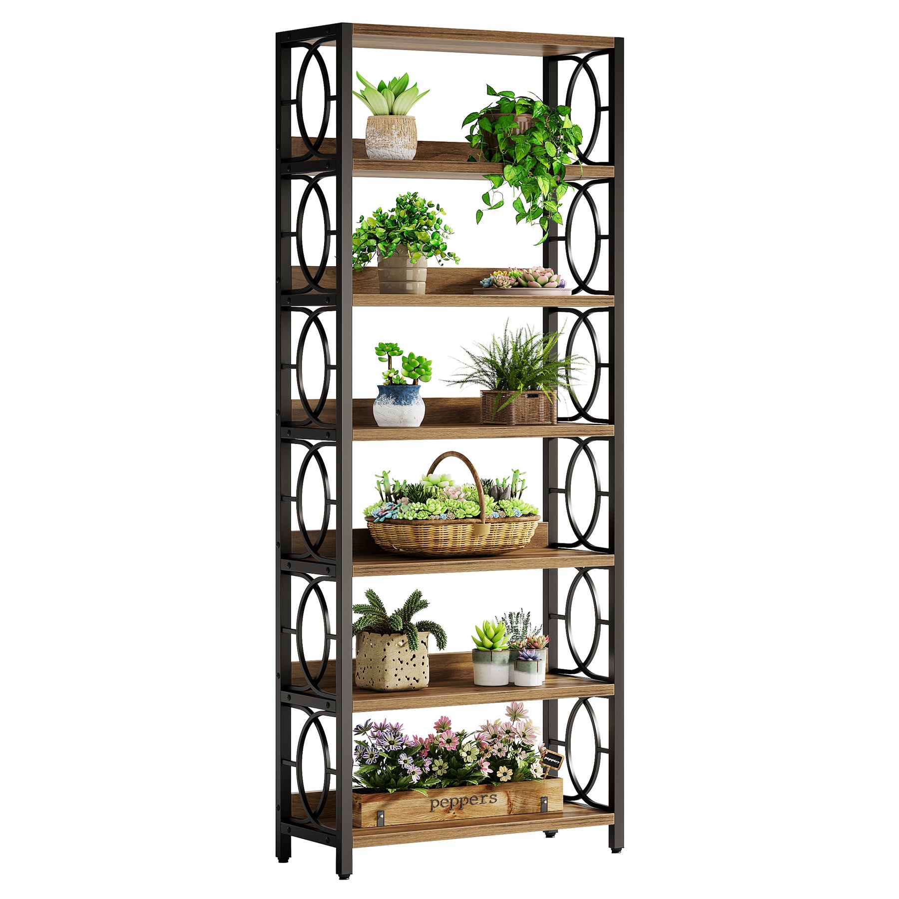 180 cm Houten Plantenstandaard met 6 Niveaus, Industrieel Vrijstaand Plantenrek in Rustiek Bruin en Zwart