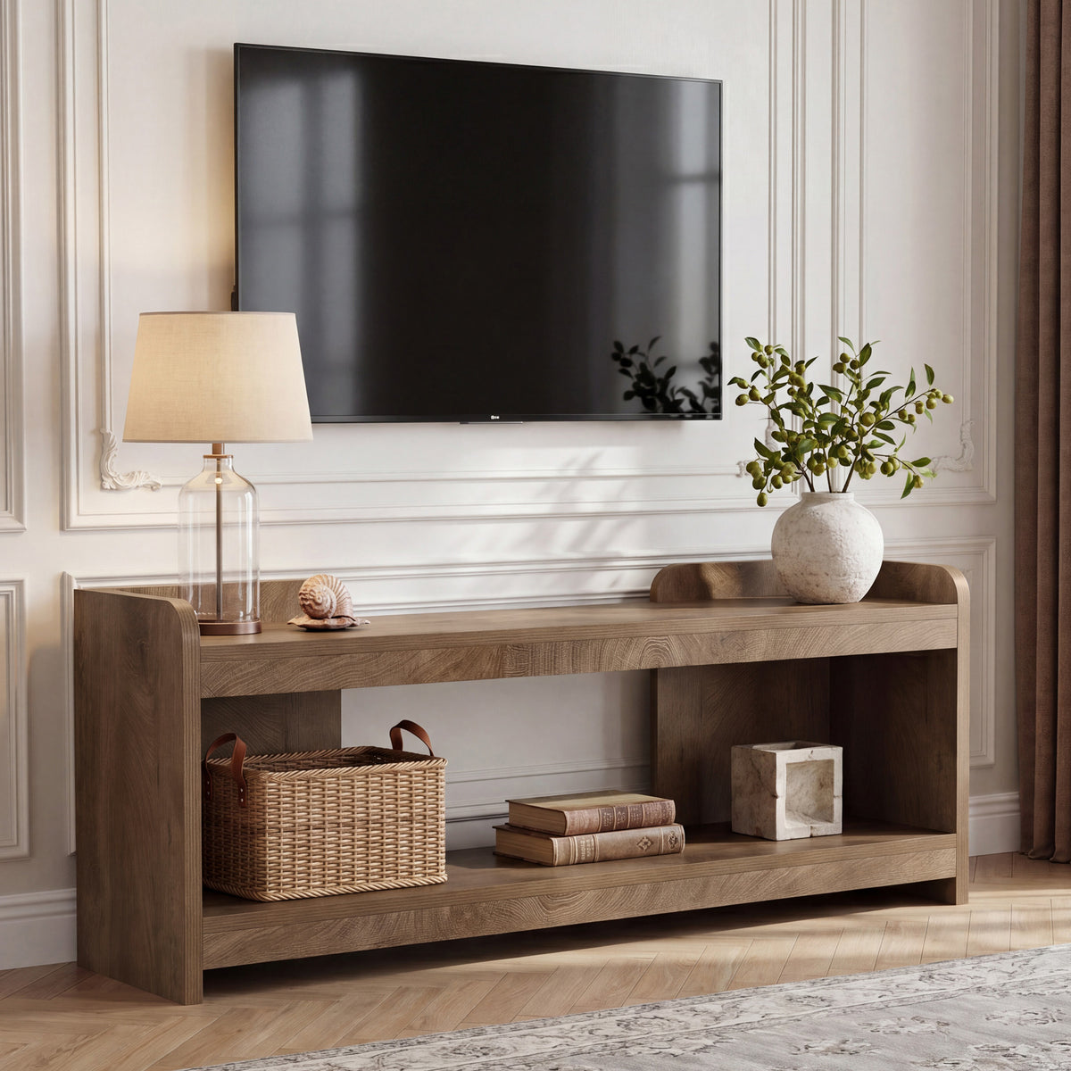 160 cm tv-meubel met 2-laags opbergrek voor 70 inch tv, open tv-kast met kabelbeheer voor woonkamer