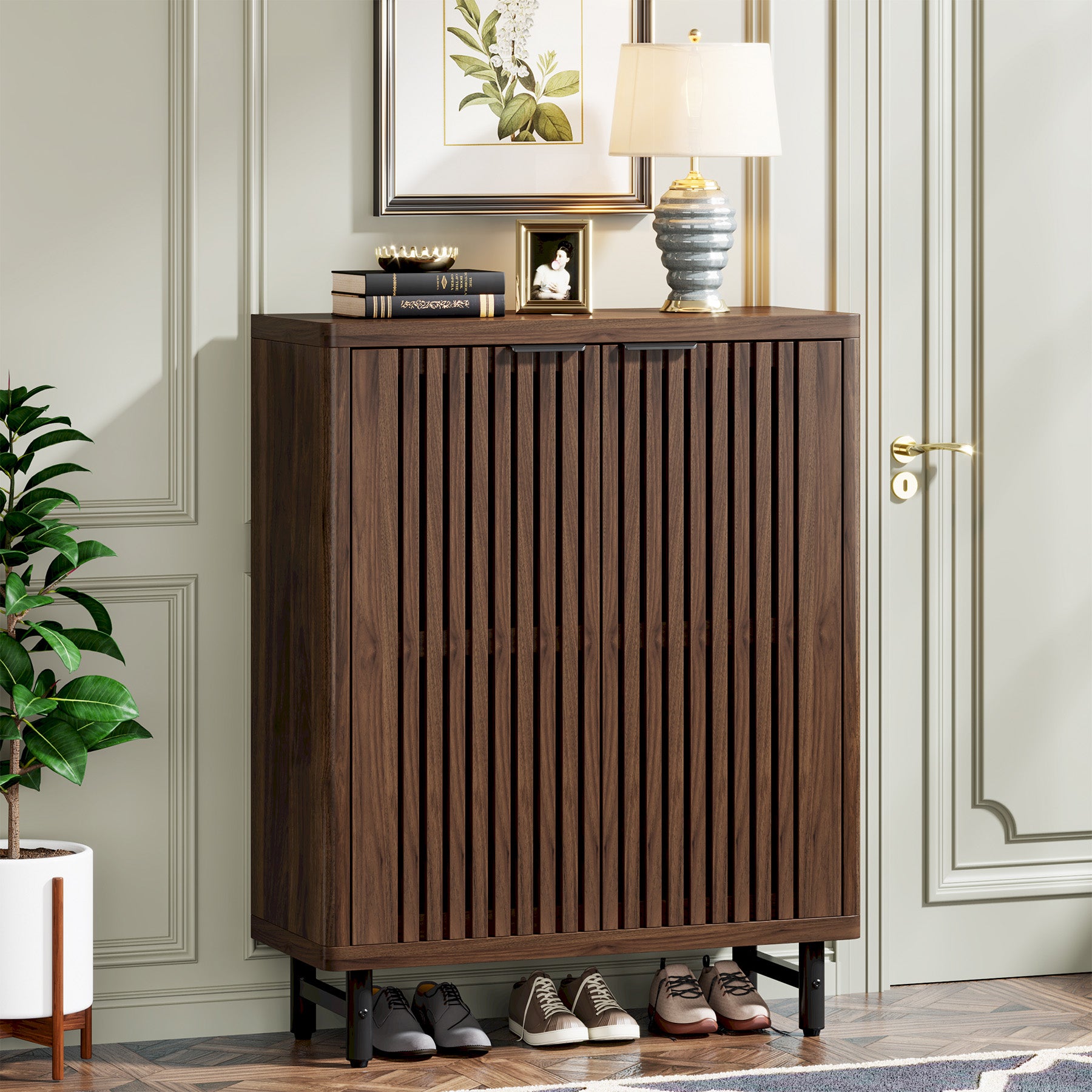 110 cm Retro Schoenenkast, Zes Planken Opbergmeubel met Verstelbare Schappen