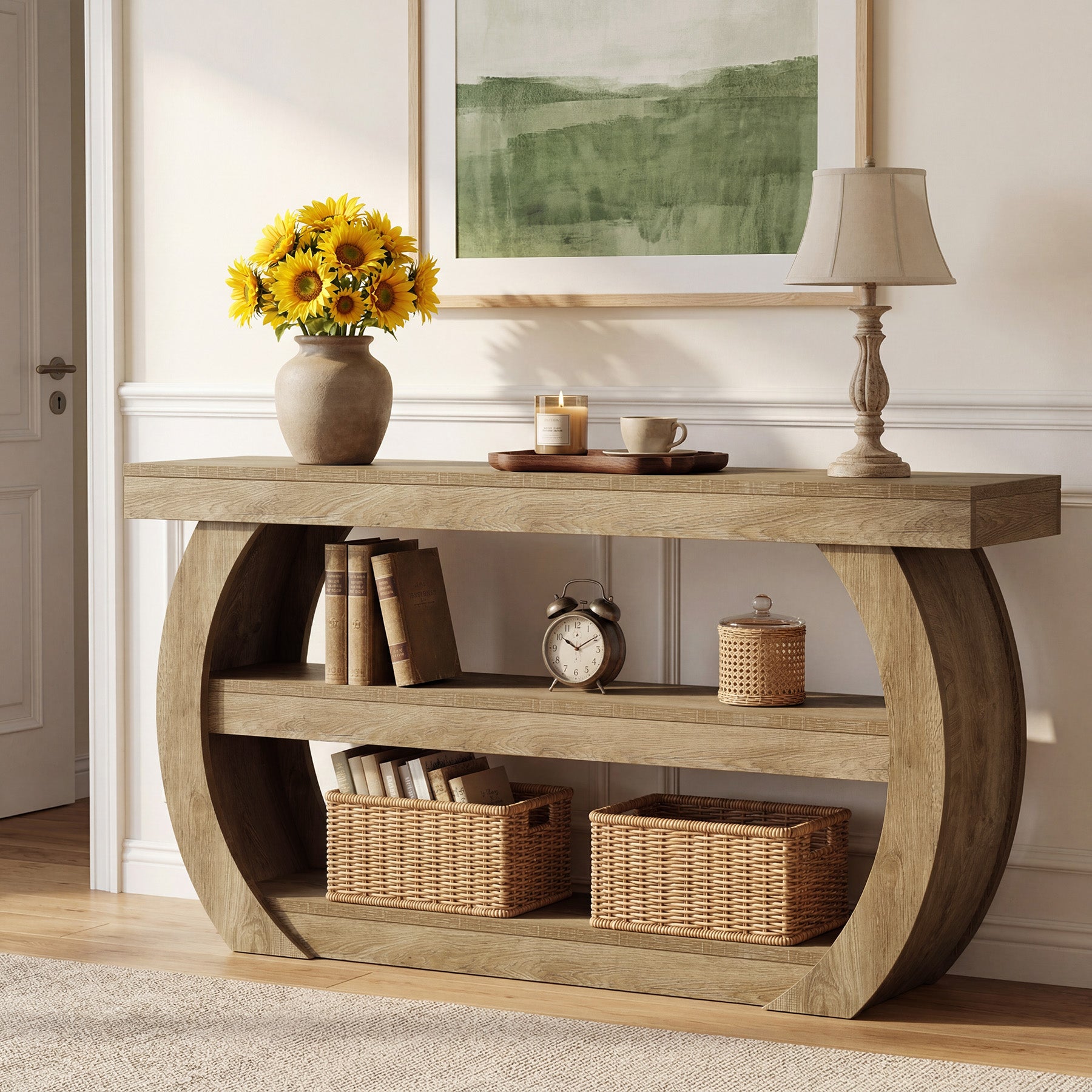 160 cm Landelijke Consoletafel met 3 Niveaus Opbergrekken, Houten Entreetafel voor Hal Woonkamer Achter Bank