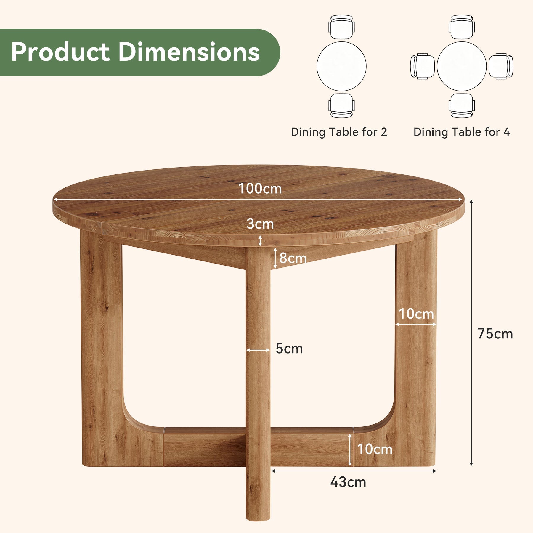 Tribesigns ronde massief houten eettafel 100 cm voor 2–4 personen, landelijke keukentafel met stevig kruisvormig onderstel