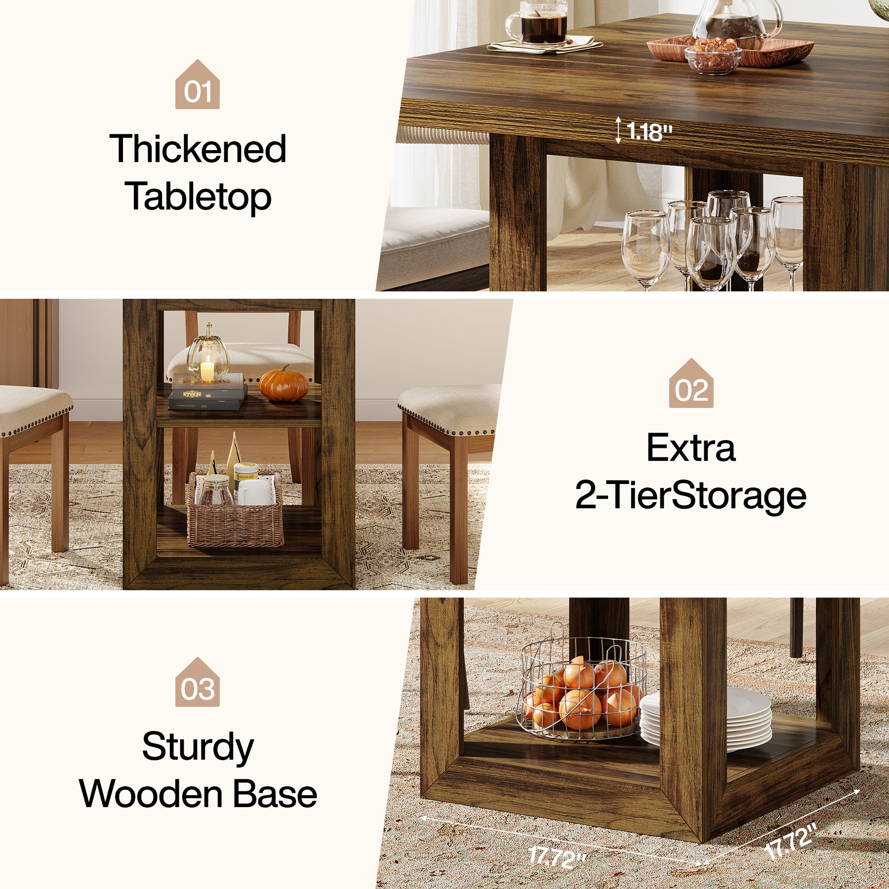 Tribesigns 79 cm Vierkante Eettafel voor 4 Personen, Met 2-Tier Opbergruimte