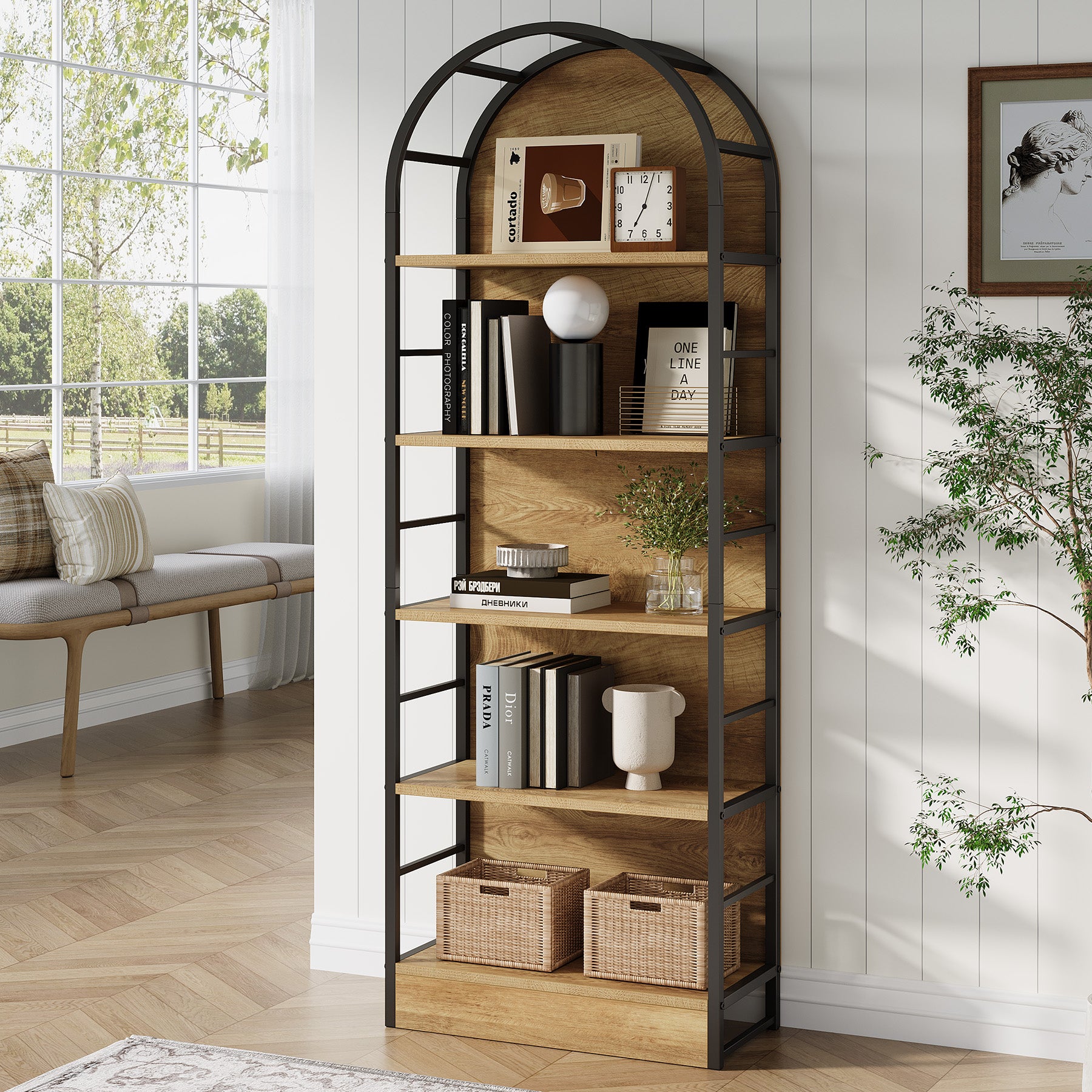 180 cm Boog Boekenkast met 5 Niveaus, Industrieel Open Rek met Metaal Frame voor Woonkamer