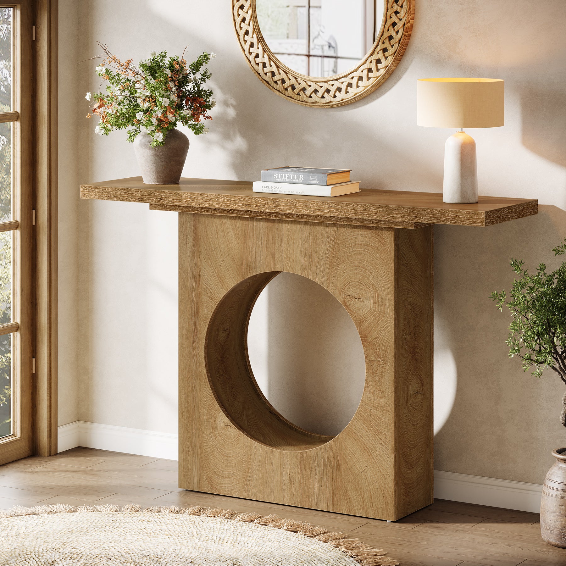 105 cm Landelijke Consoletafel met Rond Gat Ontwerp, Smalle Haltafel voor Woonkamer