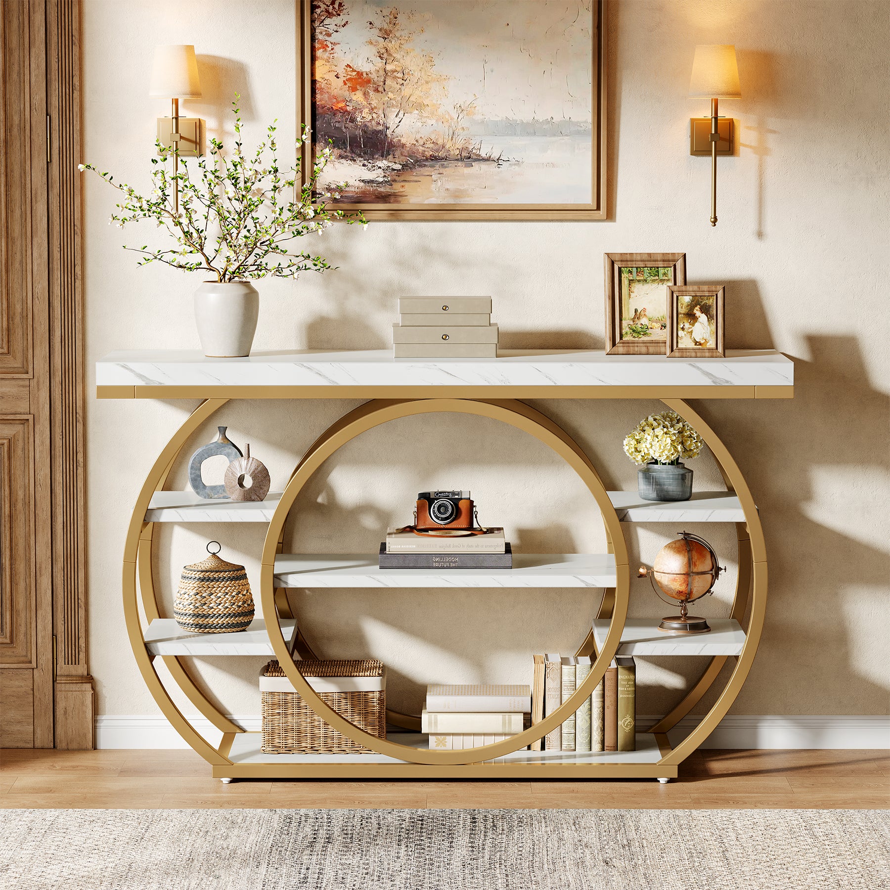 Consoletafel van 120 cm met 5 Lagen in Industrieel Design, Smalle Banktafel voor Woonkamer en Hal in Rustiek Bruin