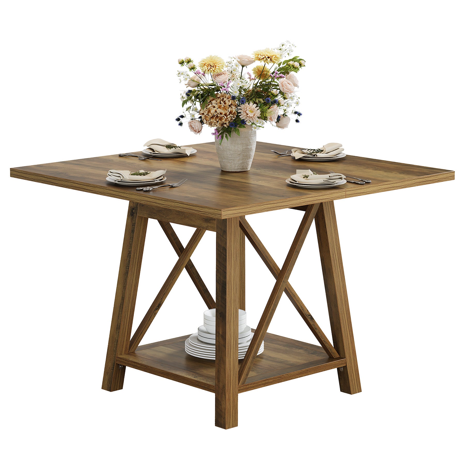 Vierkante eettafel voor 4 personen met opbergvak, landelijke keukentafel voor eetkamer en woonkamer