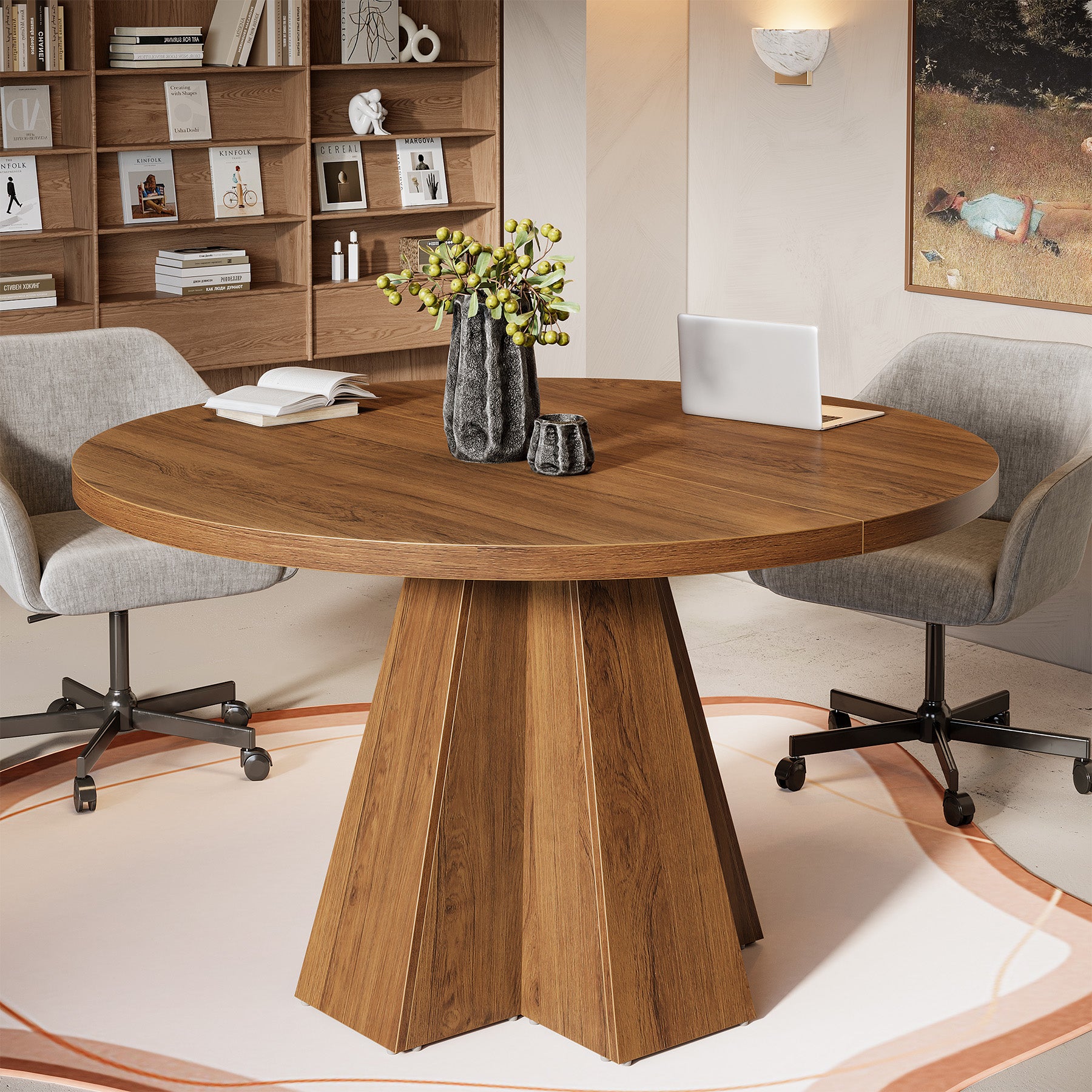 Tribesigns Ronde Conferentietafel 118 cm met Dik Tafelblad, Compacte Vergadertafel met Taps Toelopende Basis voor Kantoor en Kleine Ruimtes